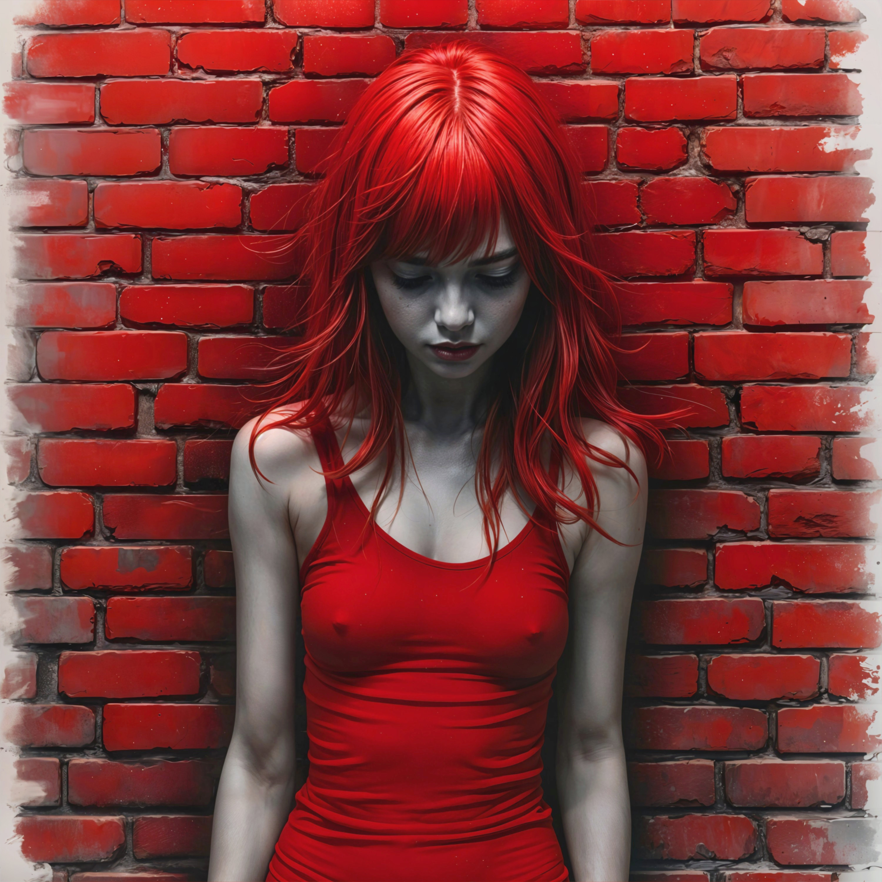 Vibrant Red-Haired Figure Against Textured Brick Wall
