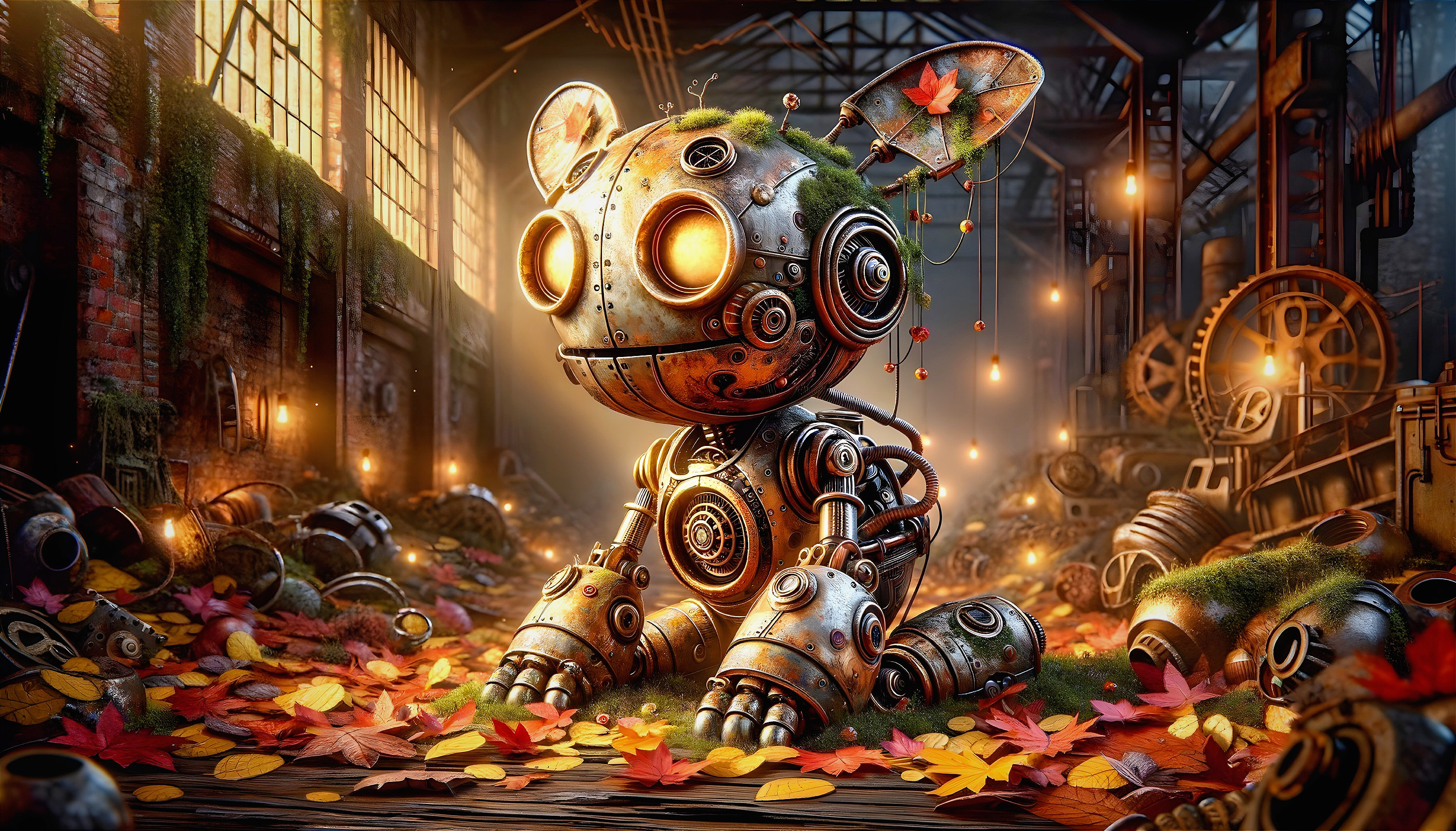 Steampunk Workshop with Robotic Creature and Autumn Leaves