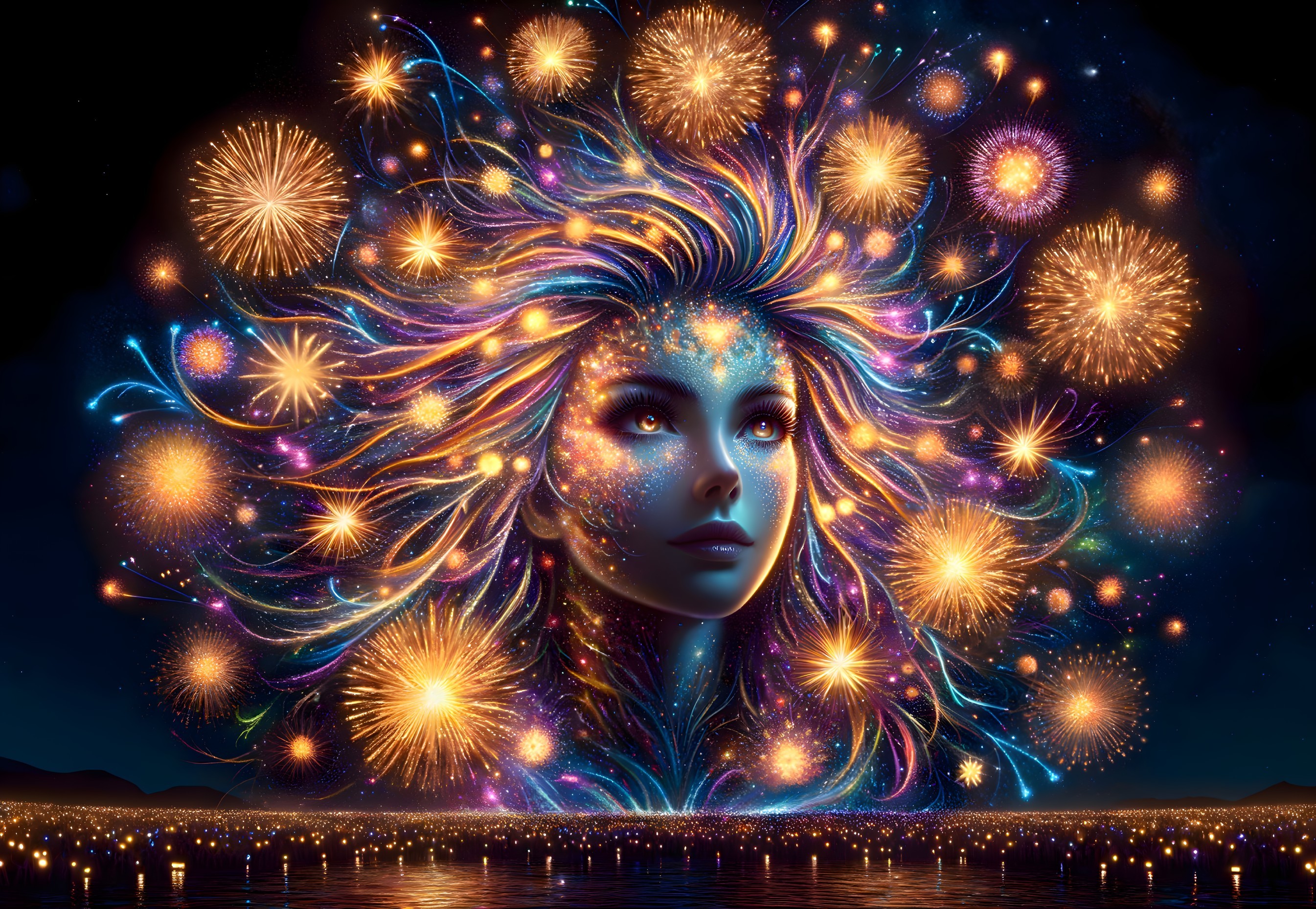 Surreal artwork: Woman's face with fireworks in flowing hair on starry night sky.