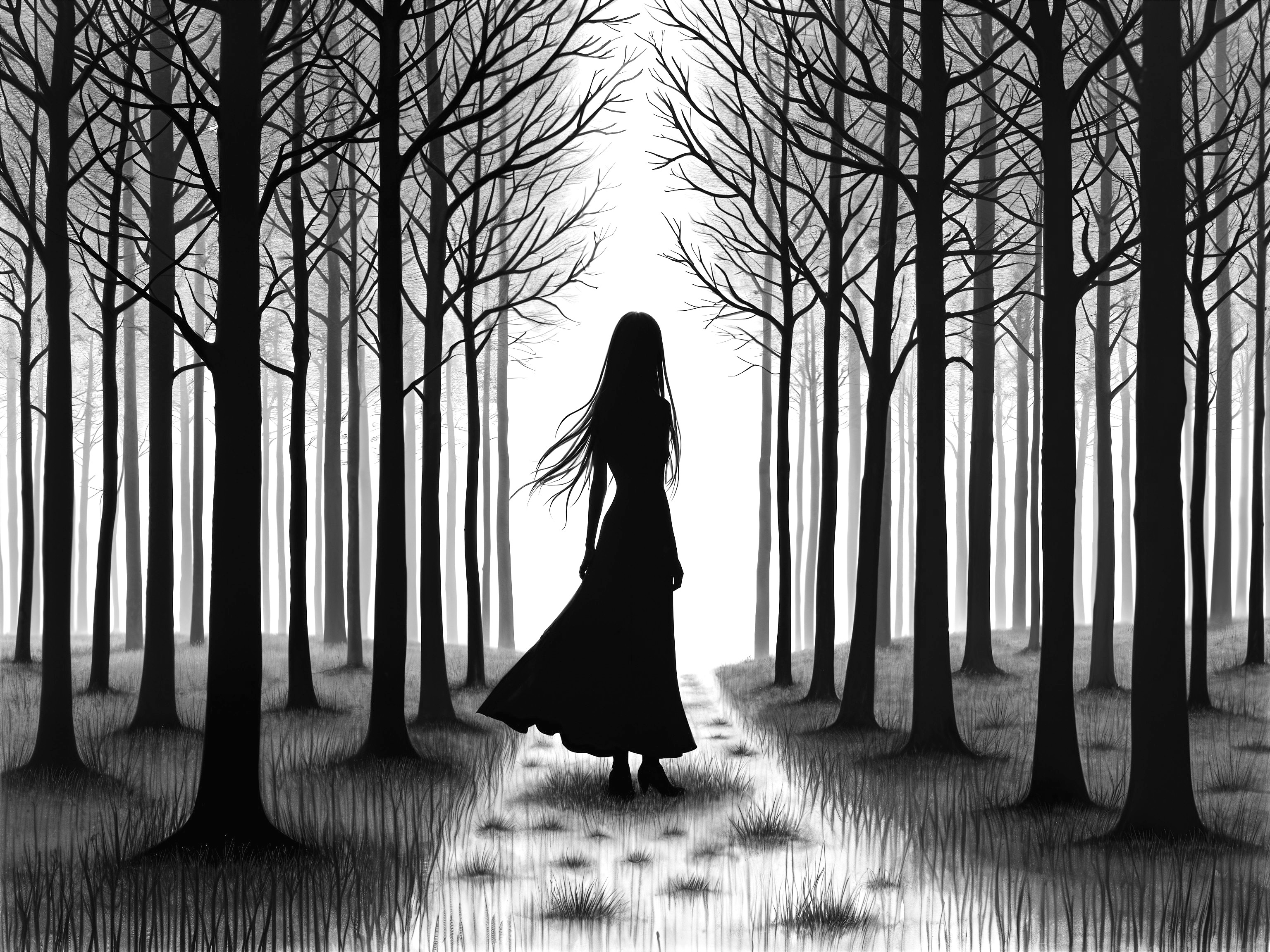 Silhouette of a girl in a forest with ghostly light