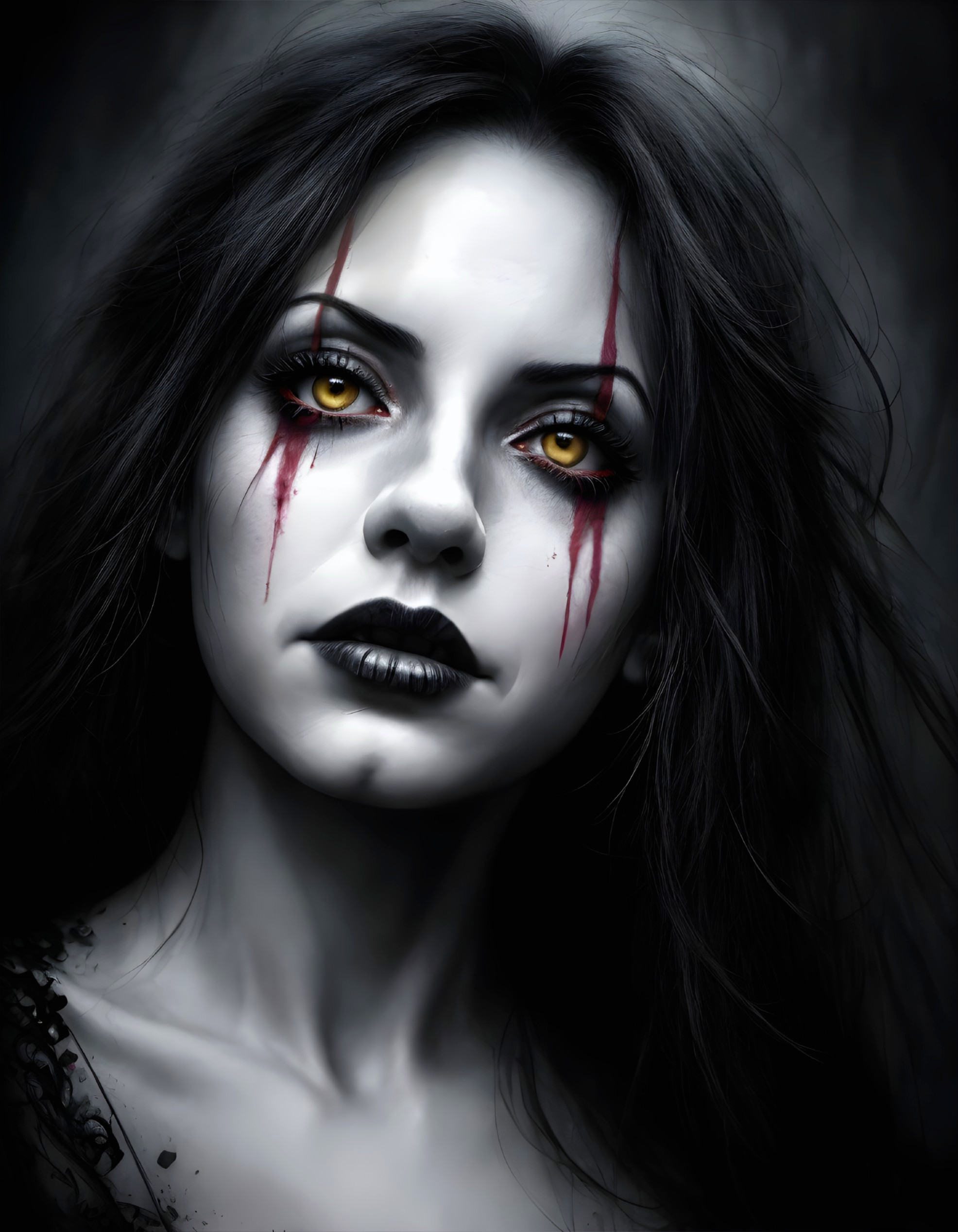 Haunting Portrait of a Woman with Yellow Eyes and Crimson Streaks
