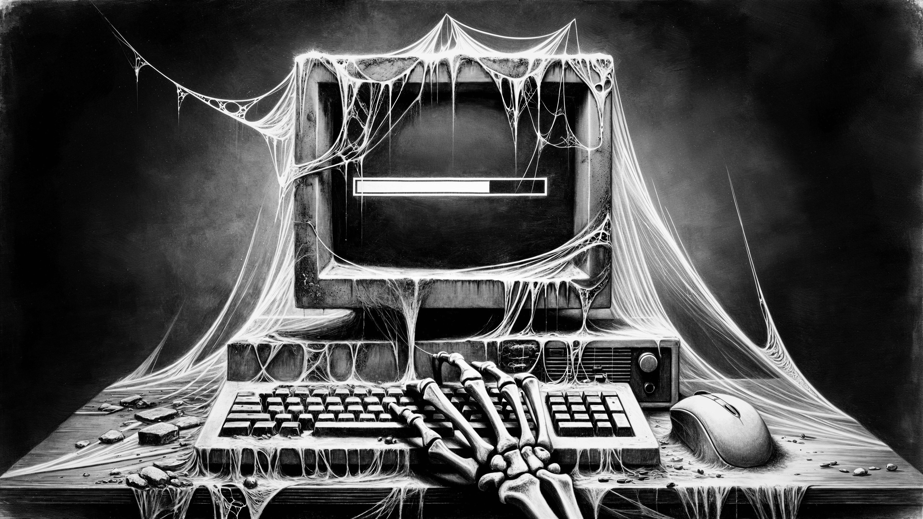 Old Computer with Cobwebs and Eerie Atmosphere