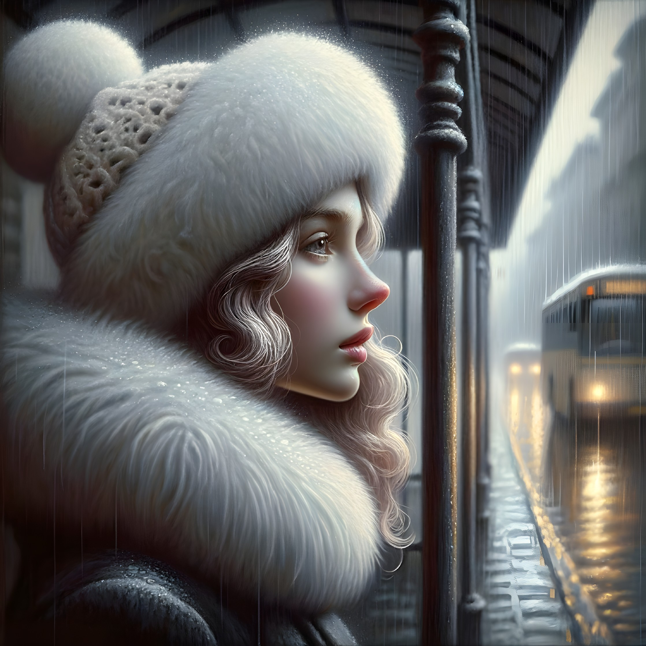 Woman in white furry hat and coat on rainy street with passing tram
