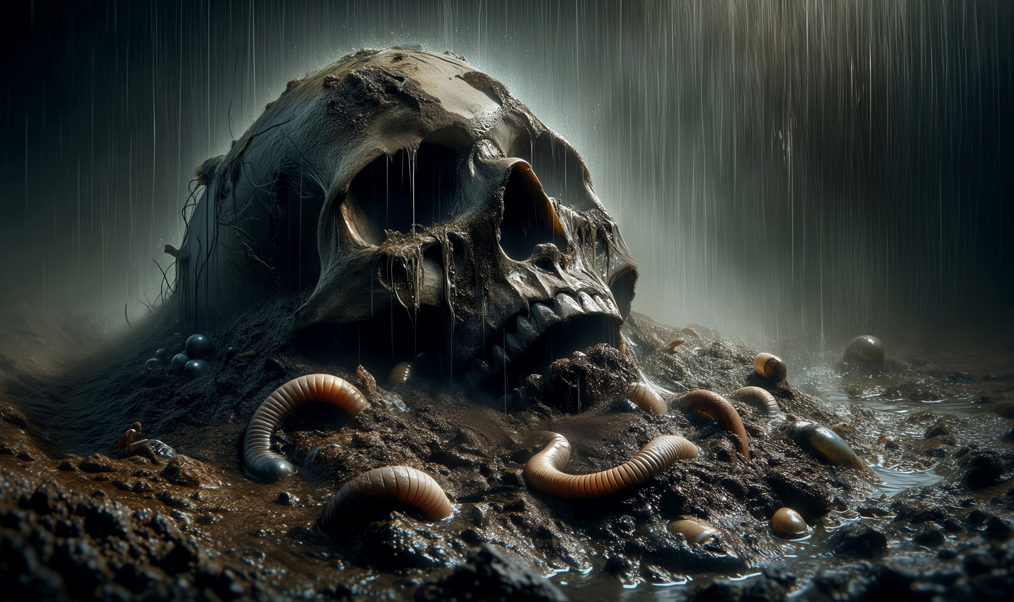 Weathered skull half-buried in dark, muddy soil