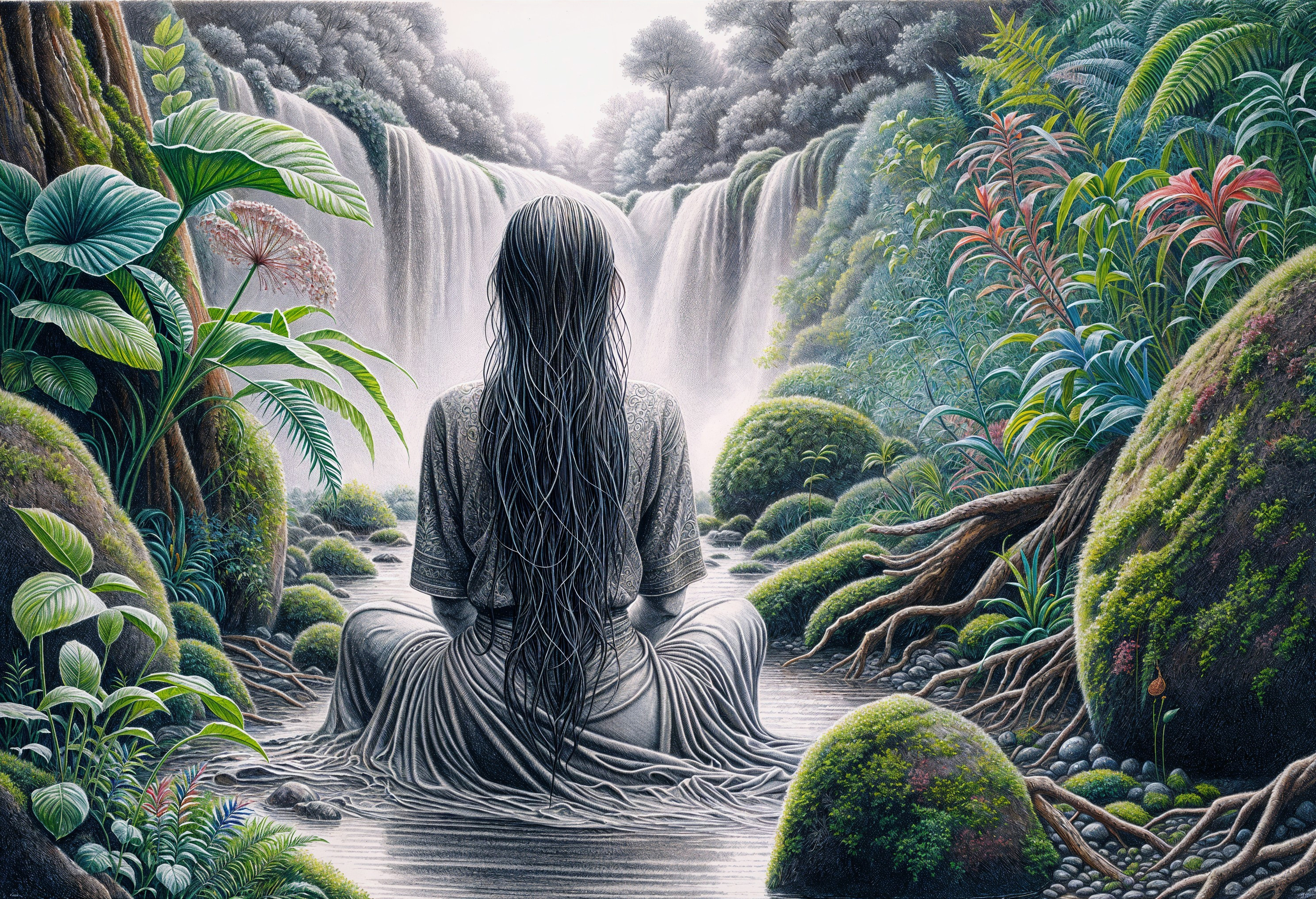 Woman by Waterfall in Lush Greenery Scene