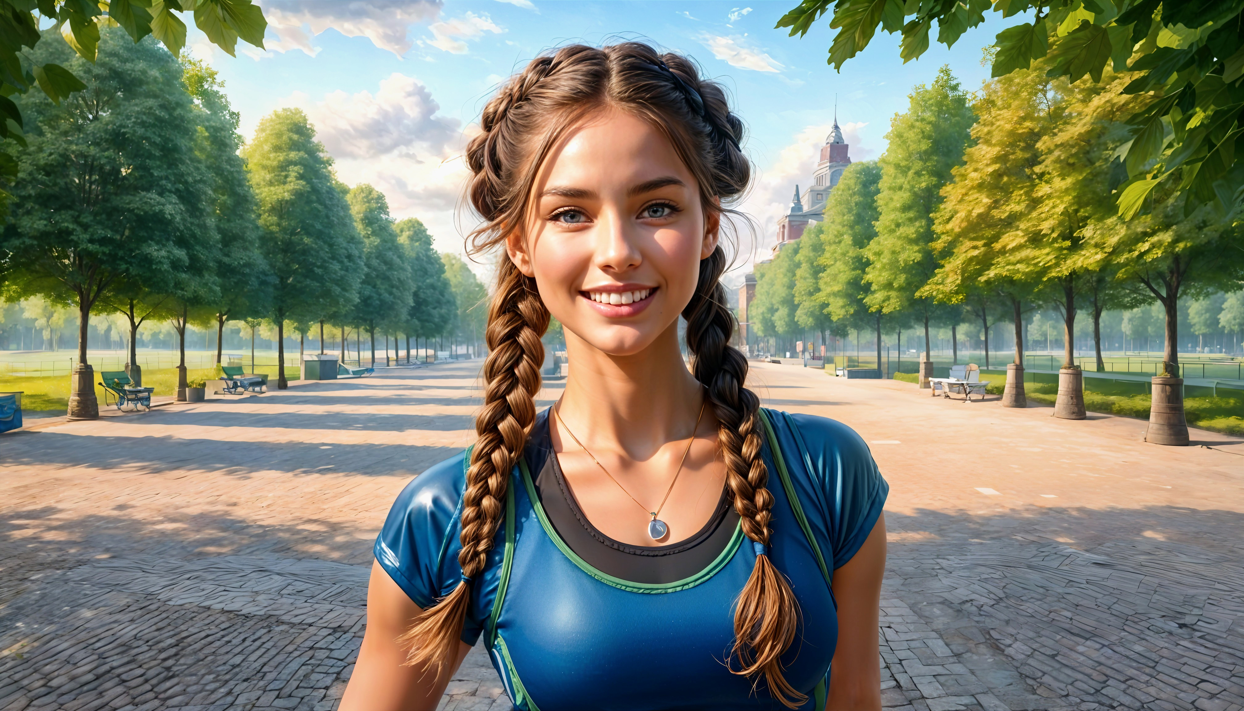 Young woman in blue top smiles in sunny park setting