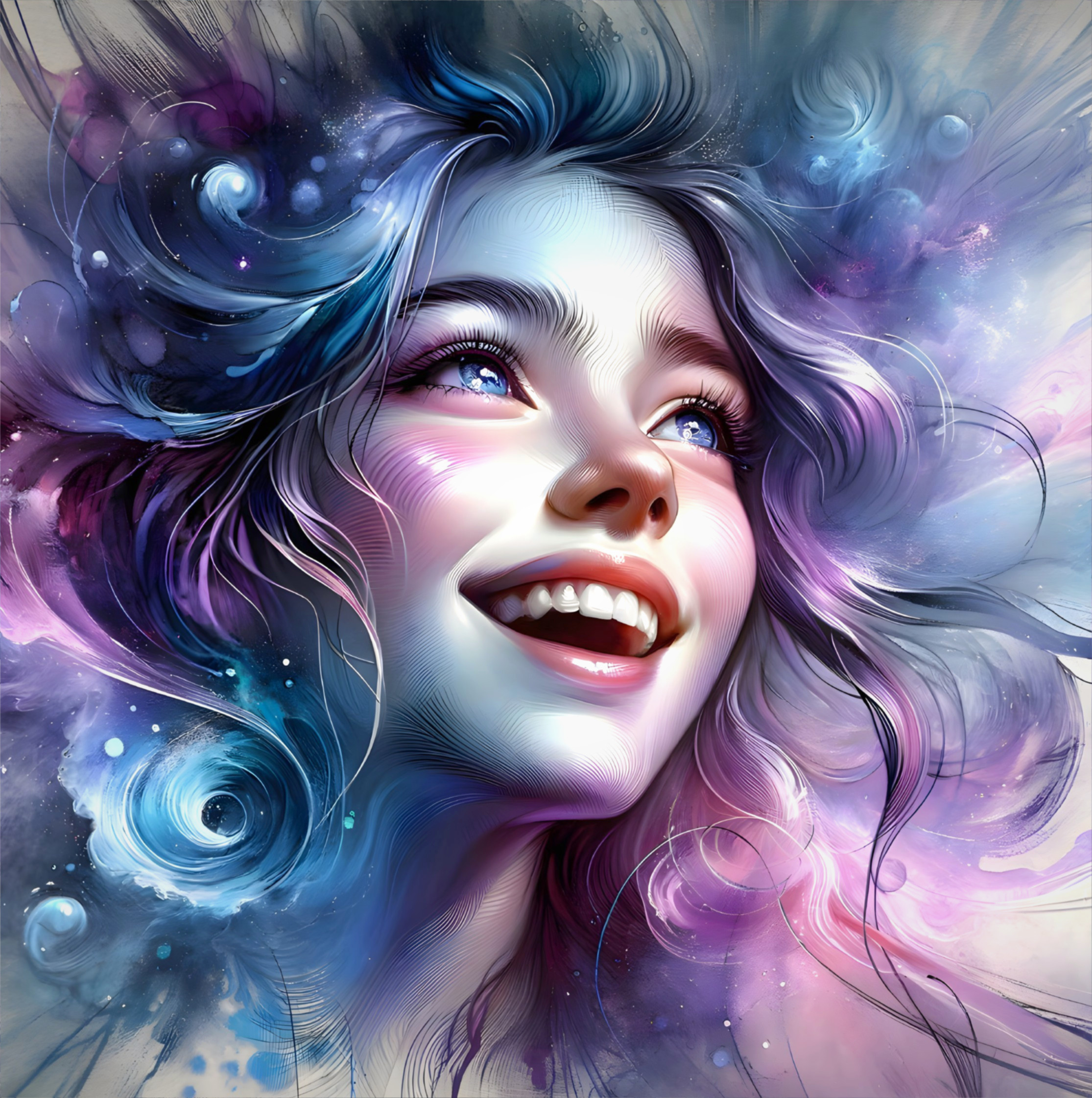 Digital Artwork of Joyful Woman in Colorful Swirls