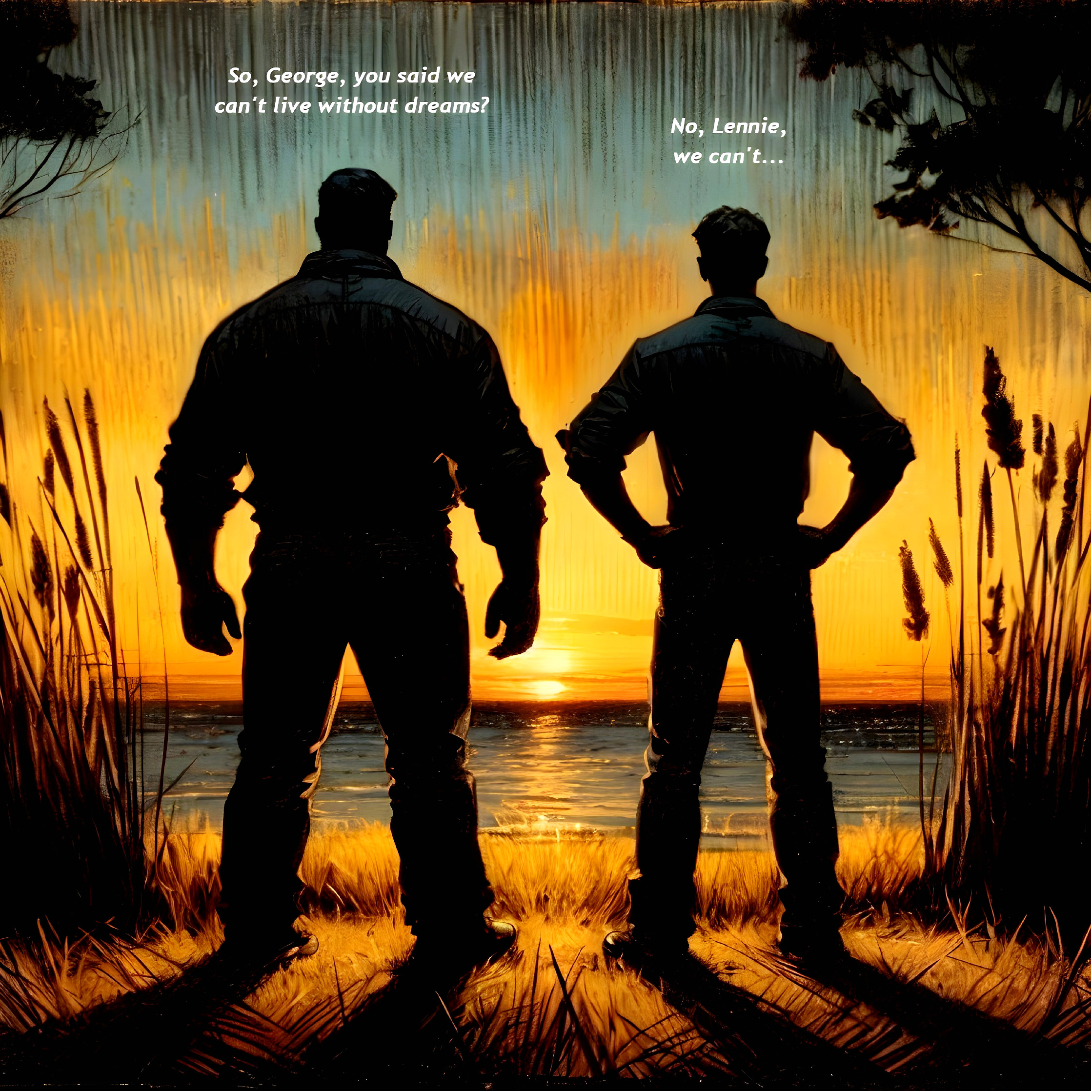 Silhouetted Figures by Water at Sunset with Grasses