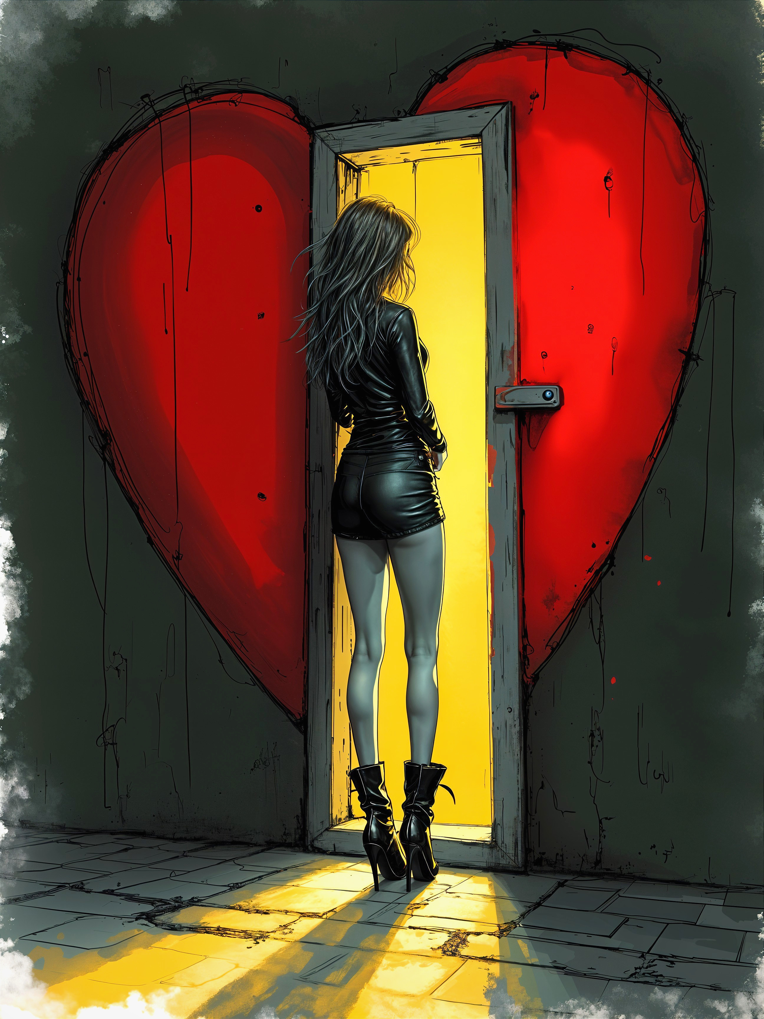 Figure in Front of Open Door Framed by Red Heart