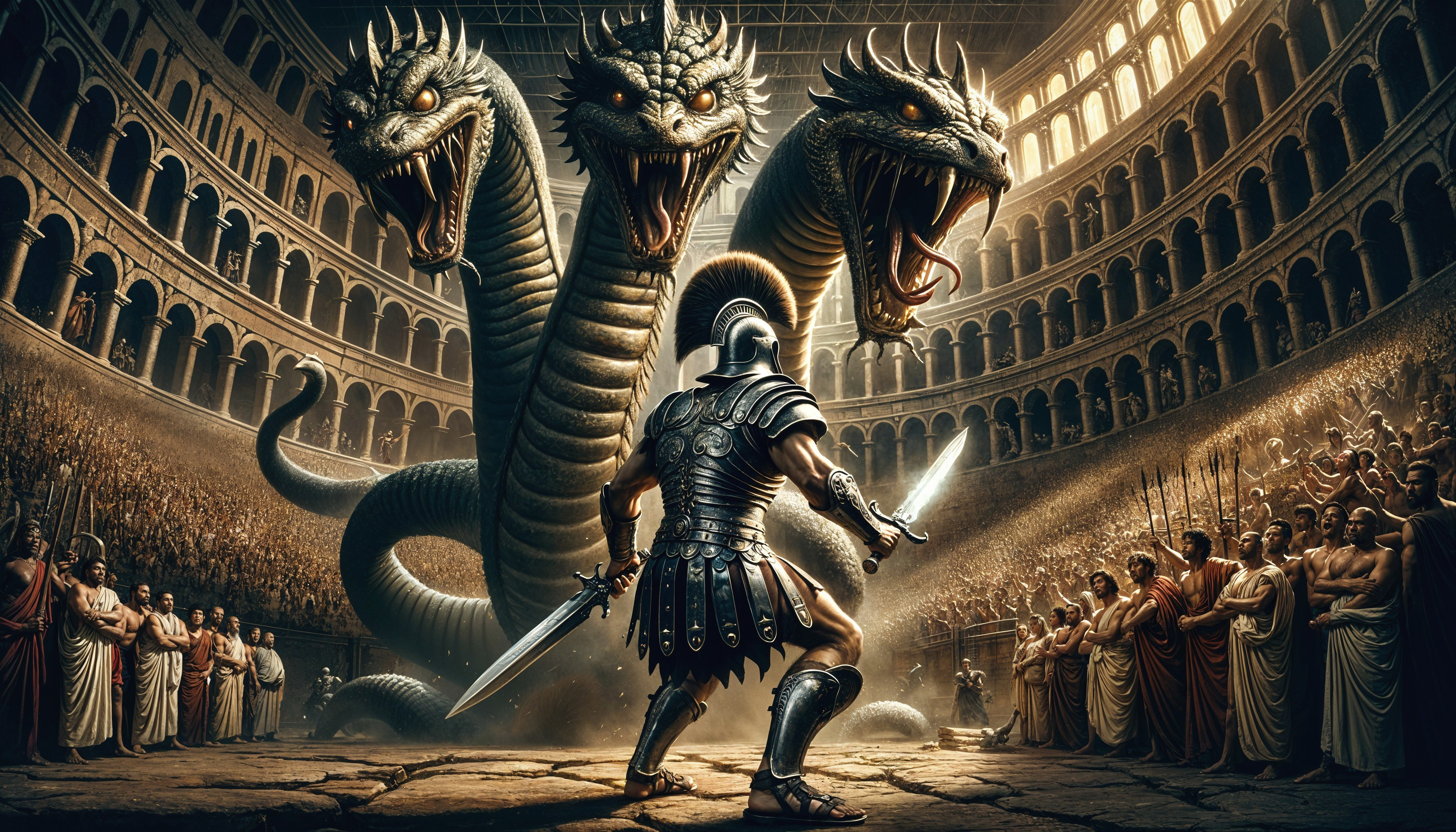 Gladiator Faces Three-Headed Dragon in Arena