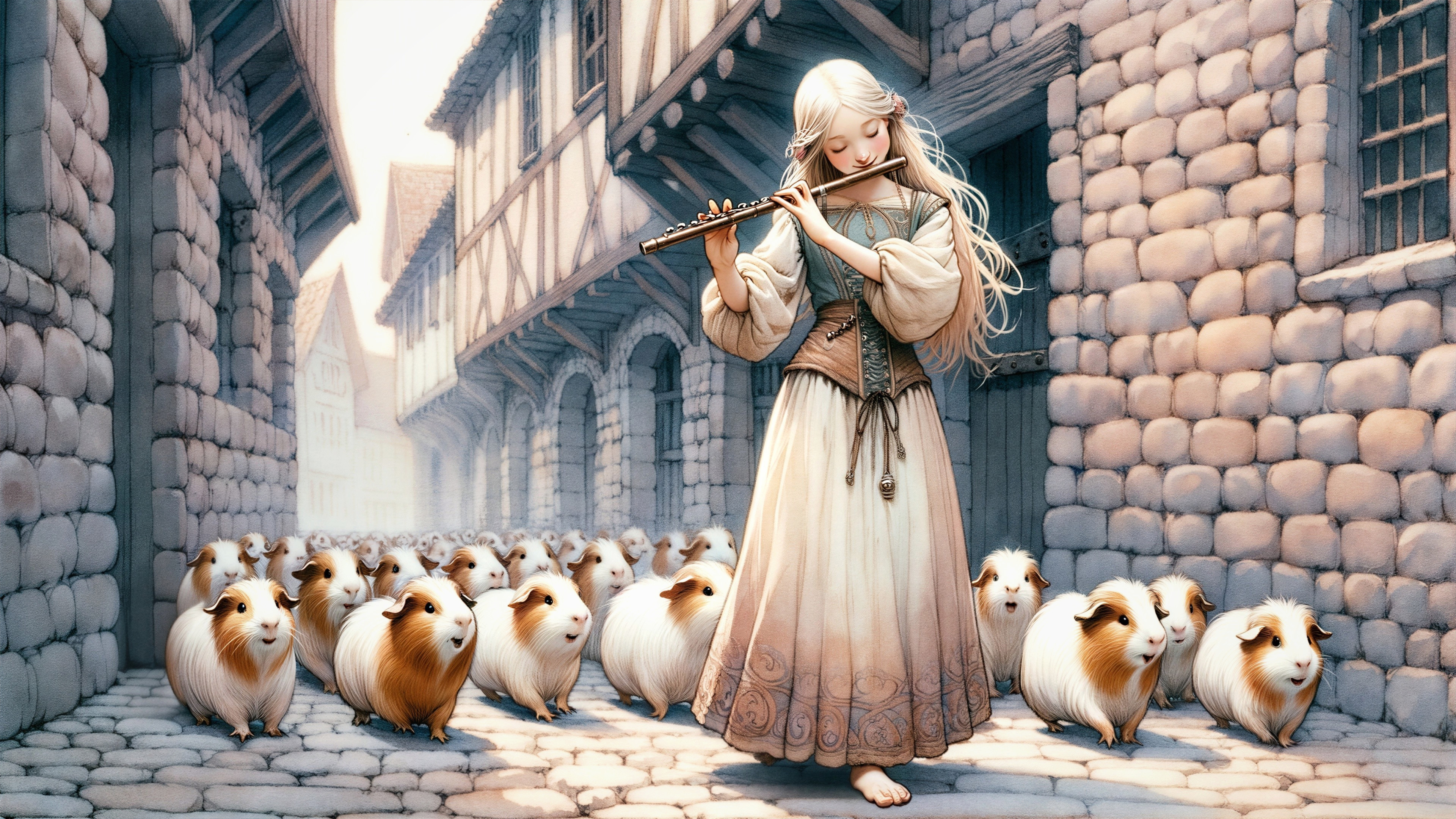 Young woman in medieval attire playing wooden flute