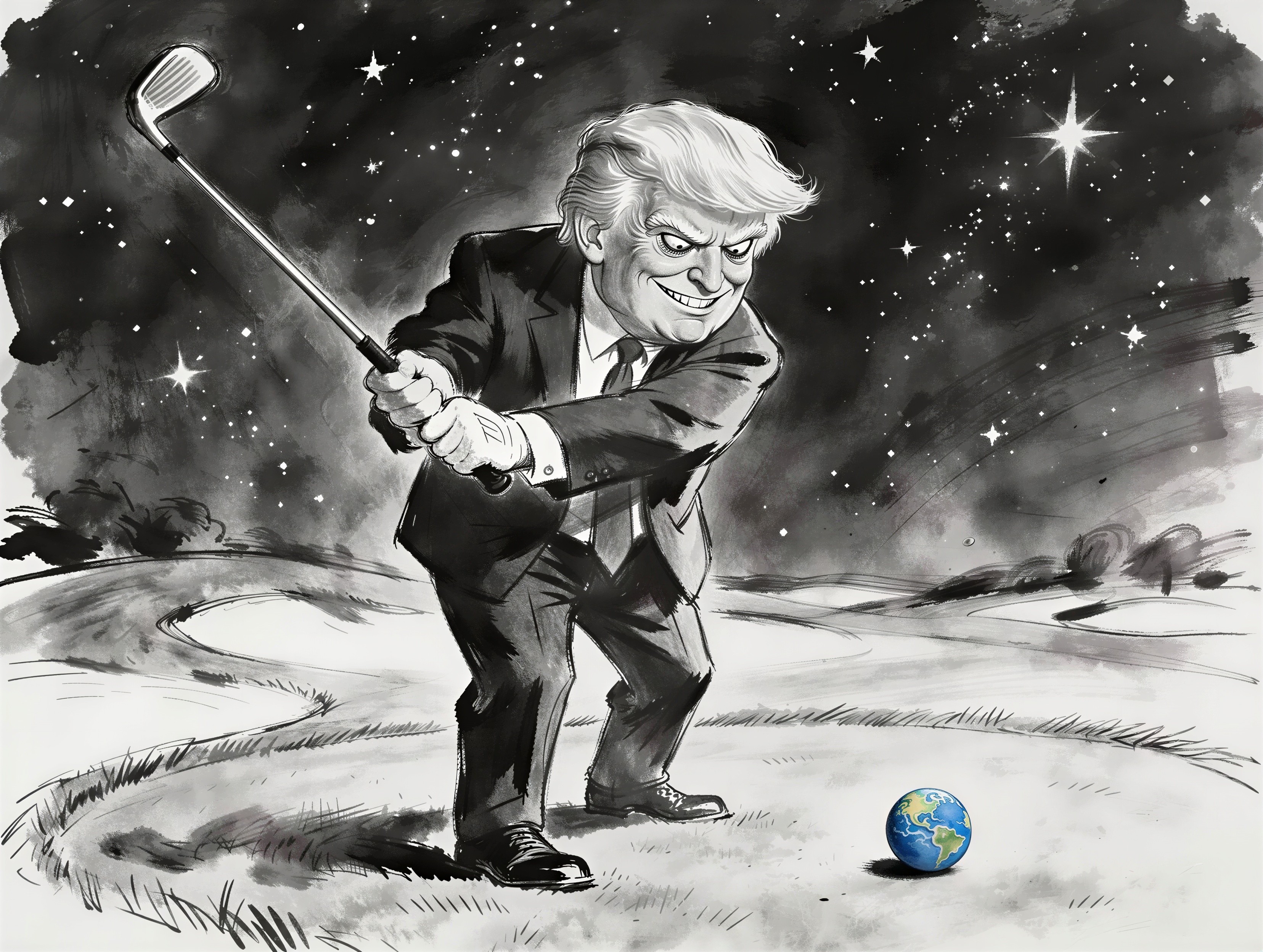 Political Cartoon of Golfing Figure with Earth Ball