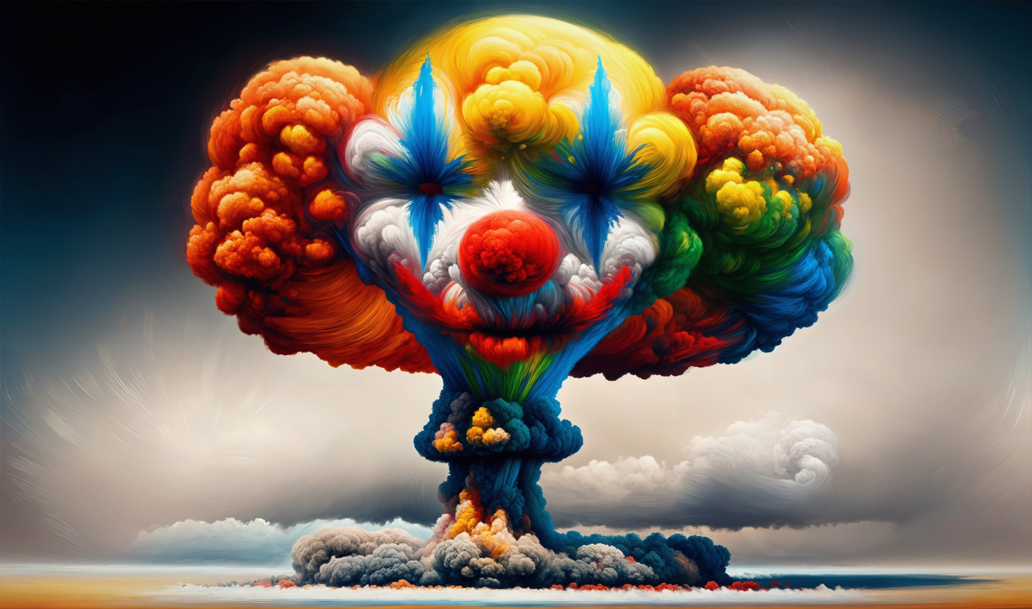 Surreal Clown Explosion with Colorful Cloud Formation