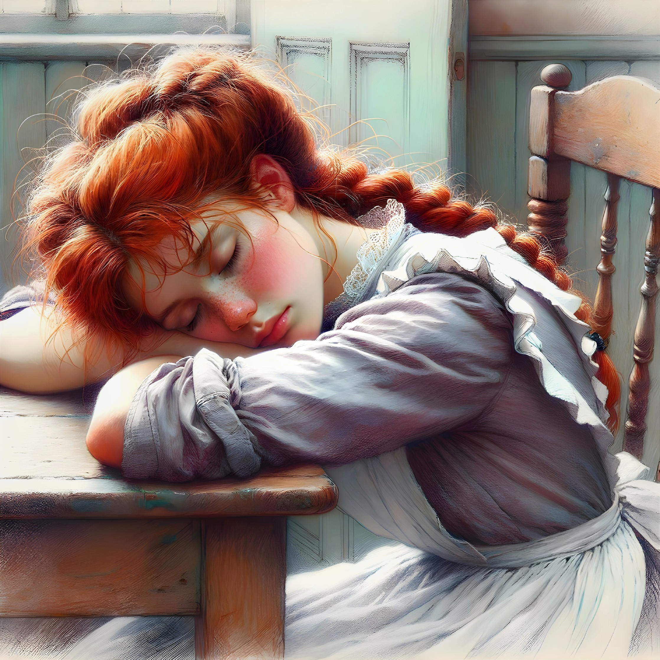 Young girl with red hair asleep on wooden table
