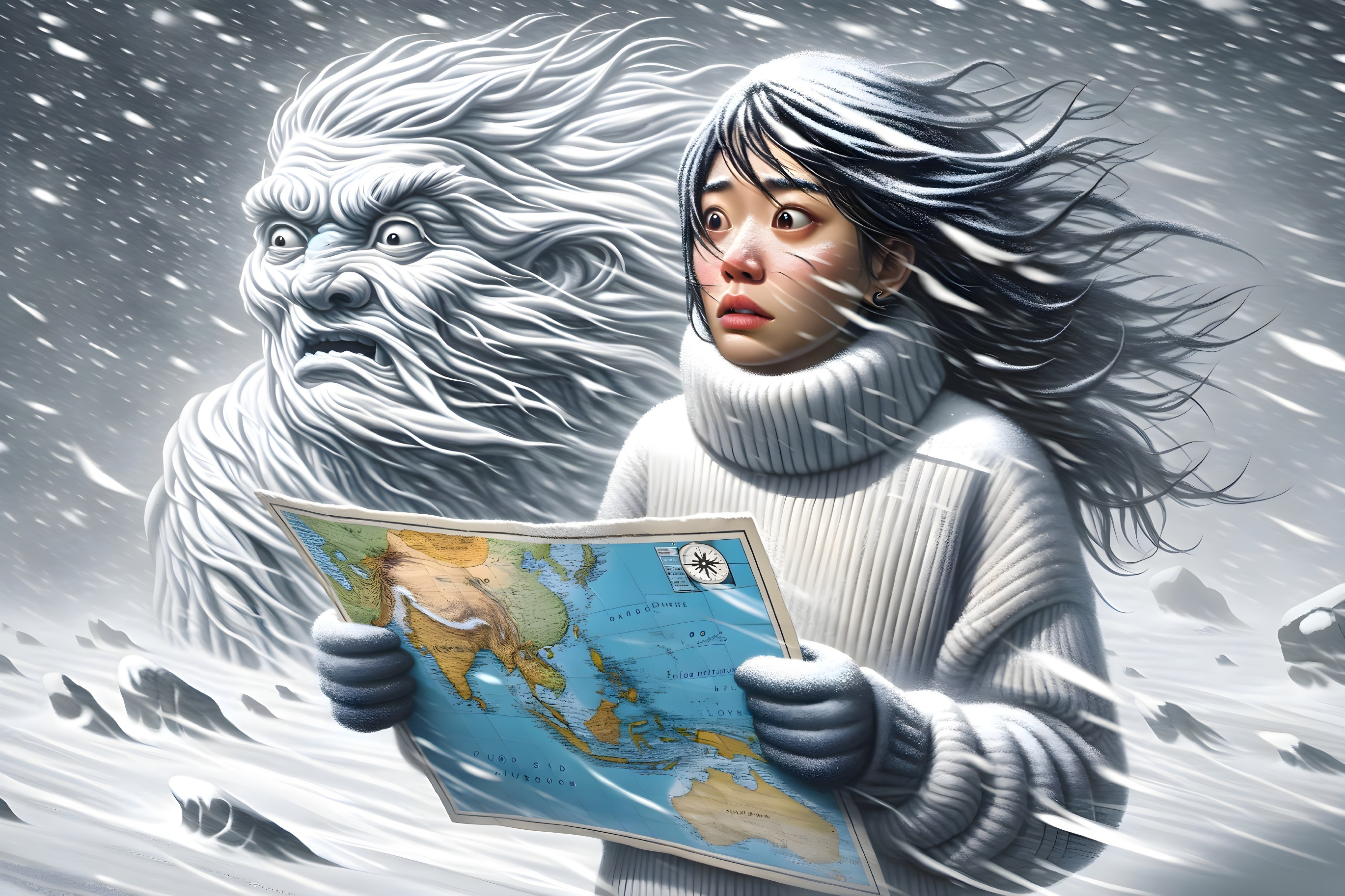 Woman in white sweater with map in snowy landscape with large white creature