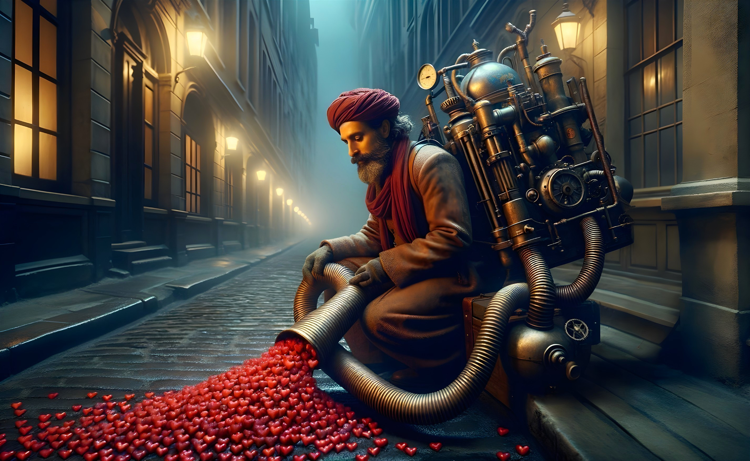 Misty Cobblestone Street with Steampunk Heart Machine
