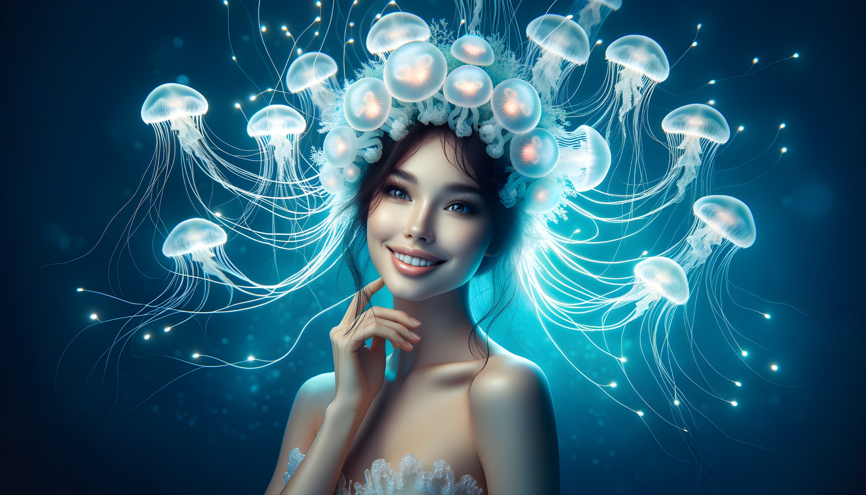 Smiling woman with glowing jellyfish crown in mystical blue aura