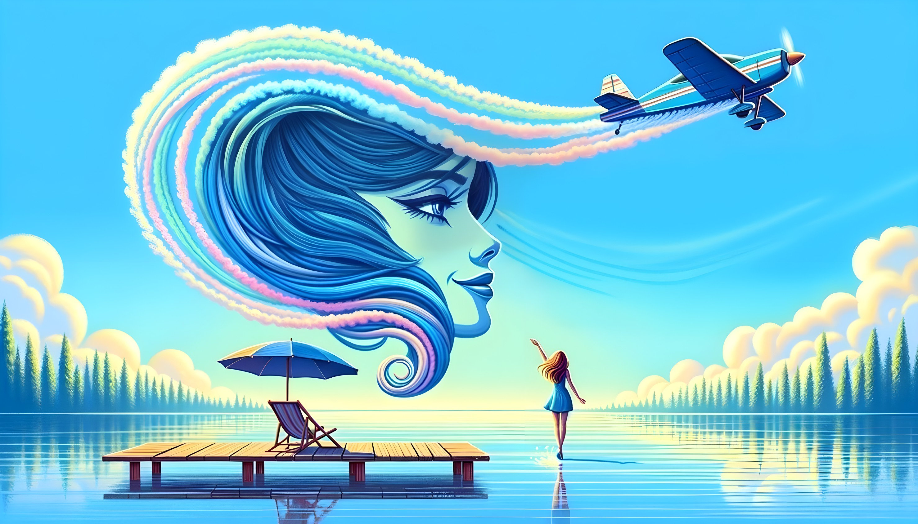 Vibrant Illustration of Woman's Profile and Scenic Lake
