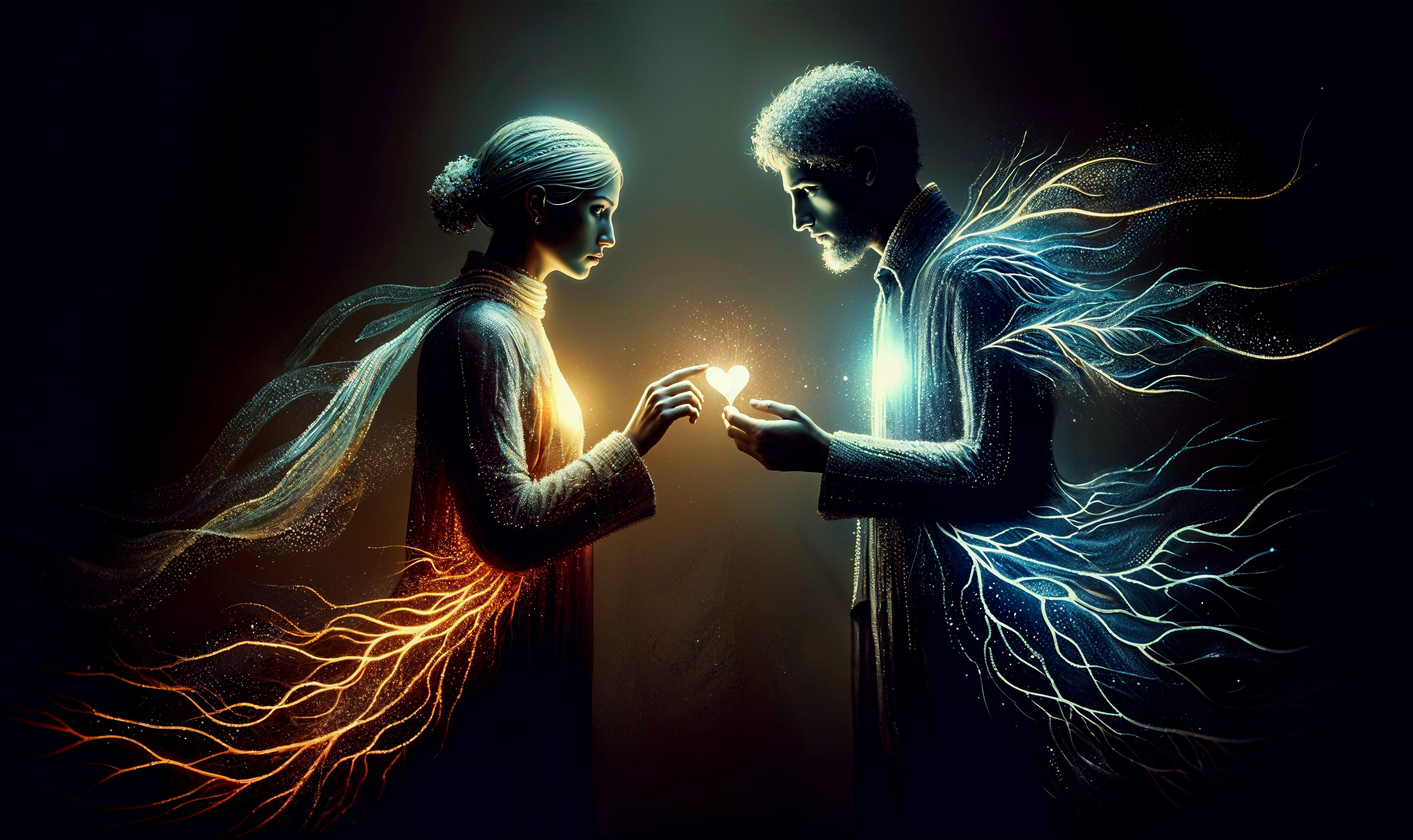 Figures Sharing Heart-Shaped Light in Mystical Setting