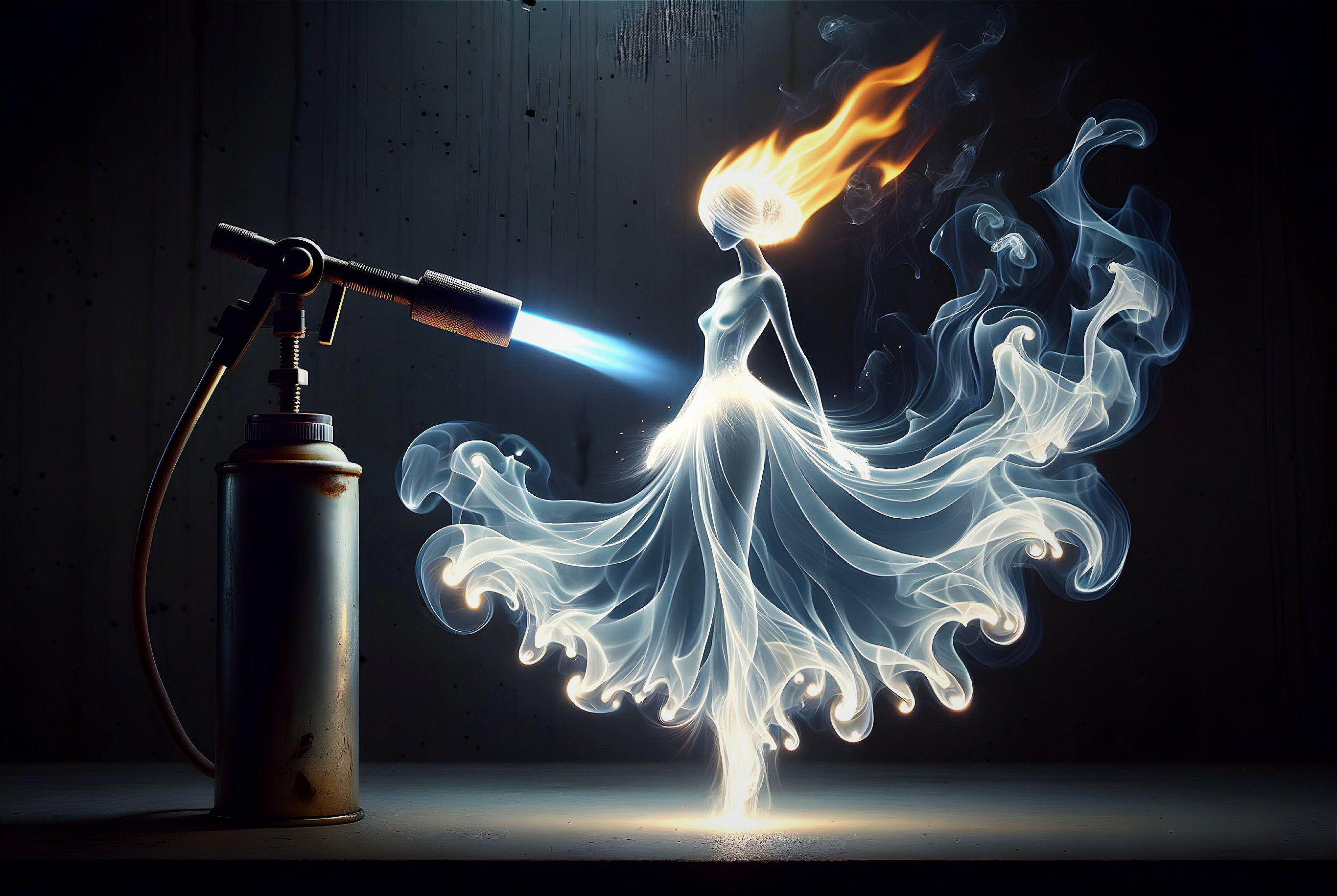 Mystical Woman Figure of Smoke and Flames with Blue Torch