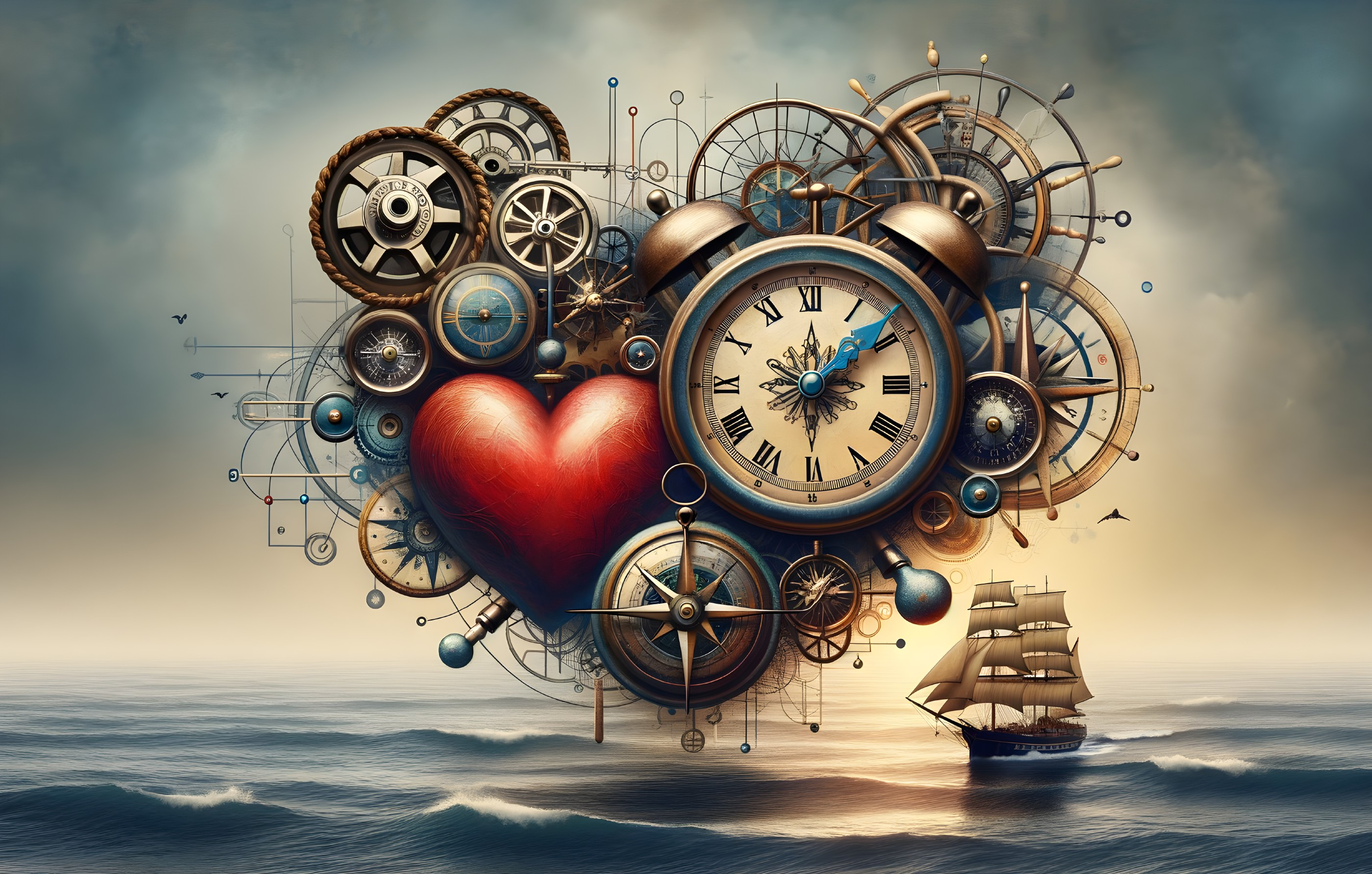 Surreal Heart with Gears and Sailing Ship in Sky