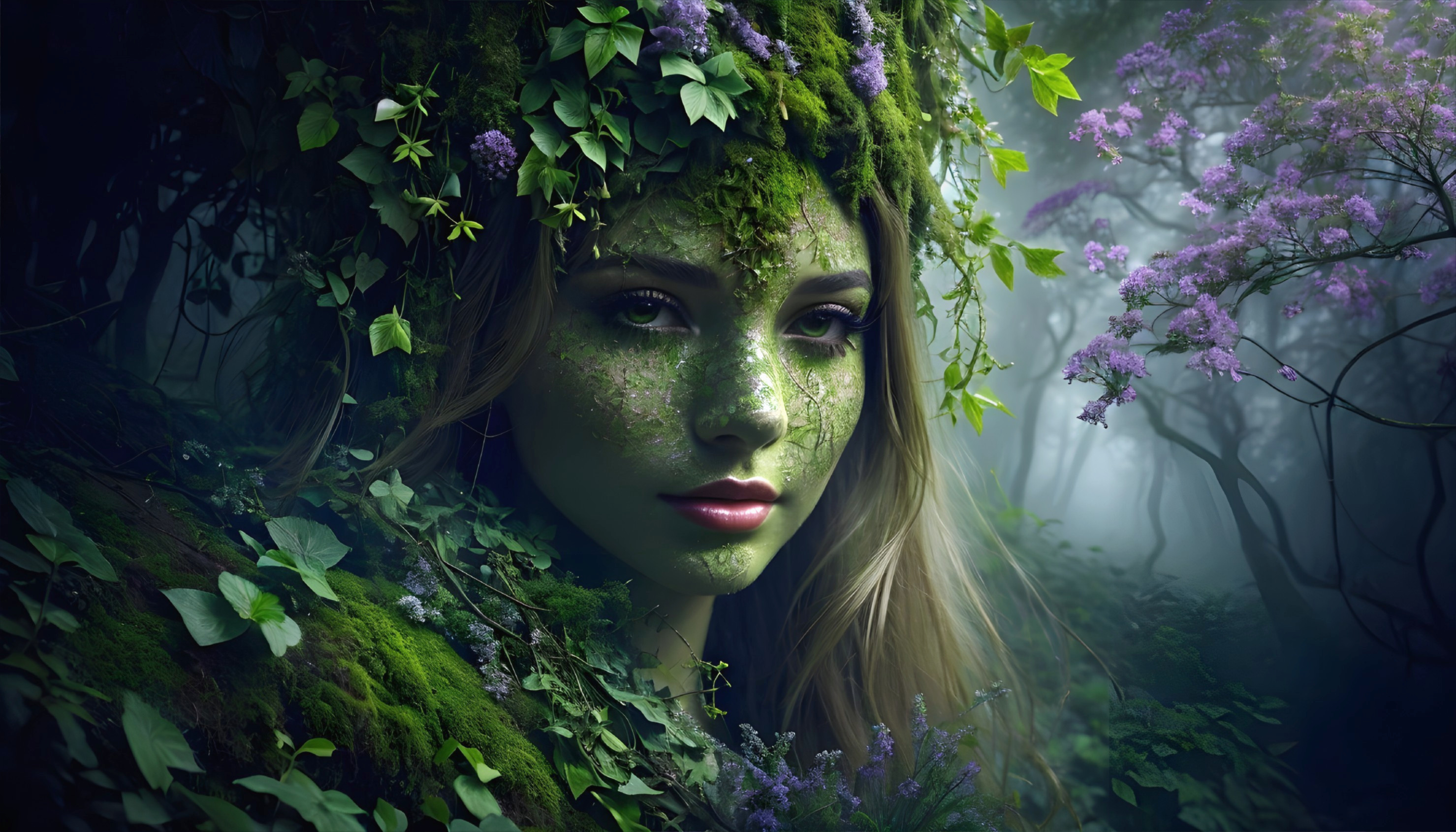 Mystical Figure Surrounded by Lush Forest Elements