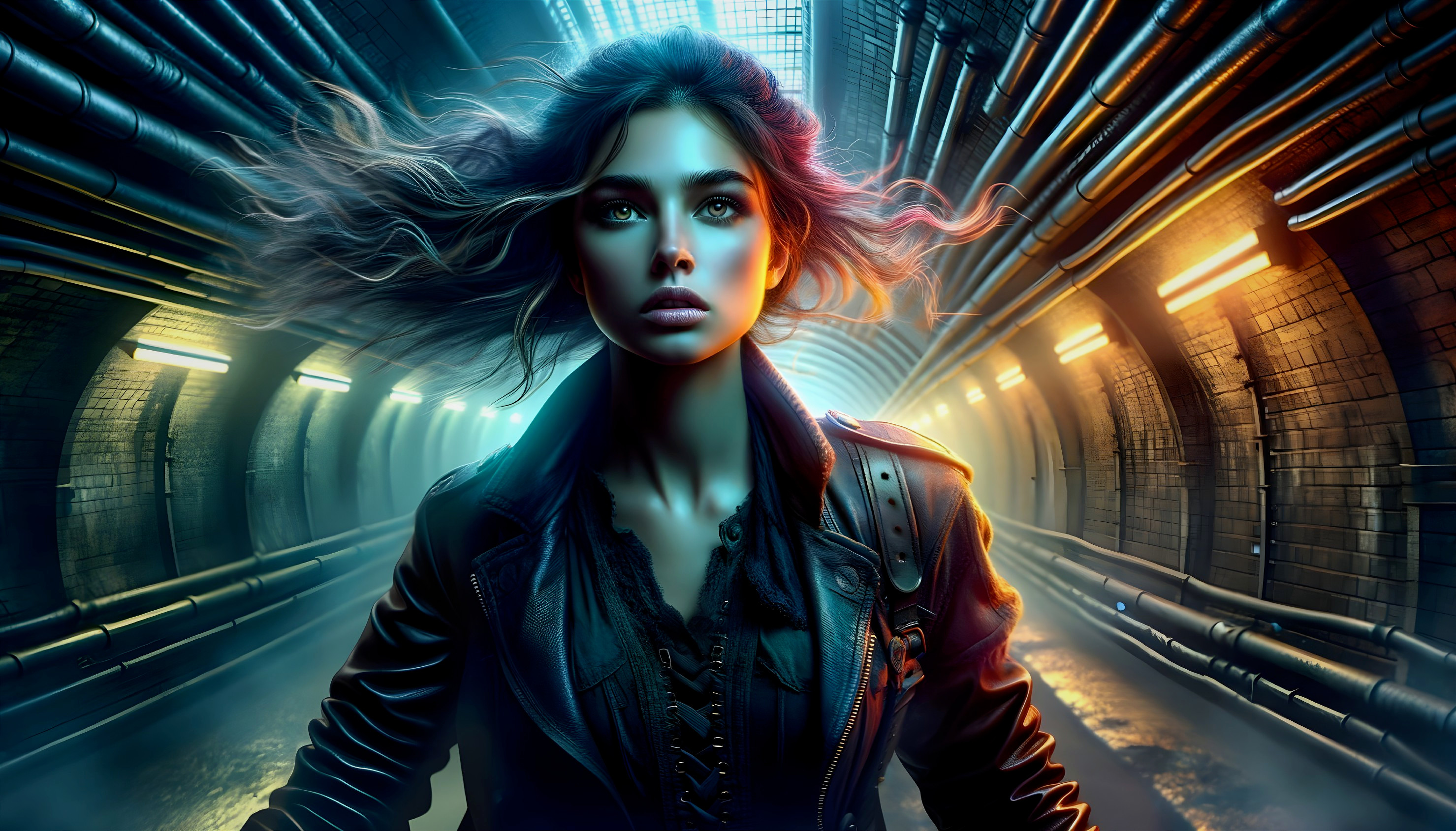 Fierce Woman in Futuristic Tunnel with Vibrant Lights