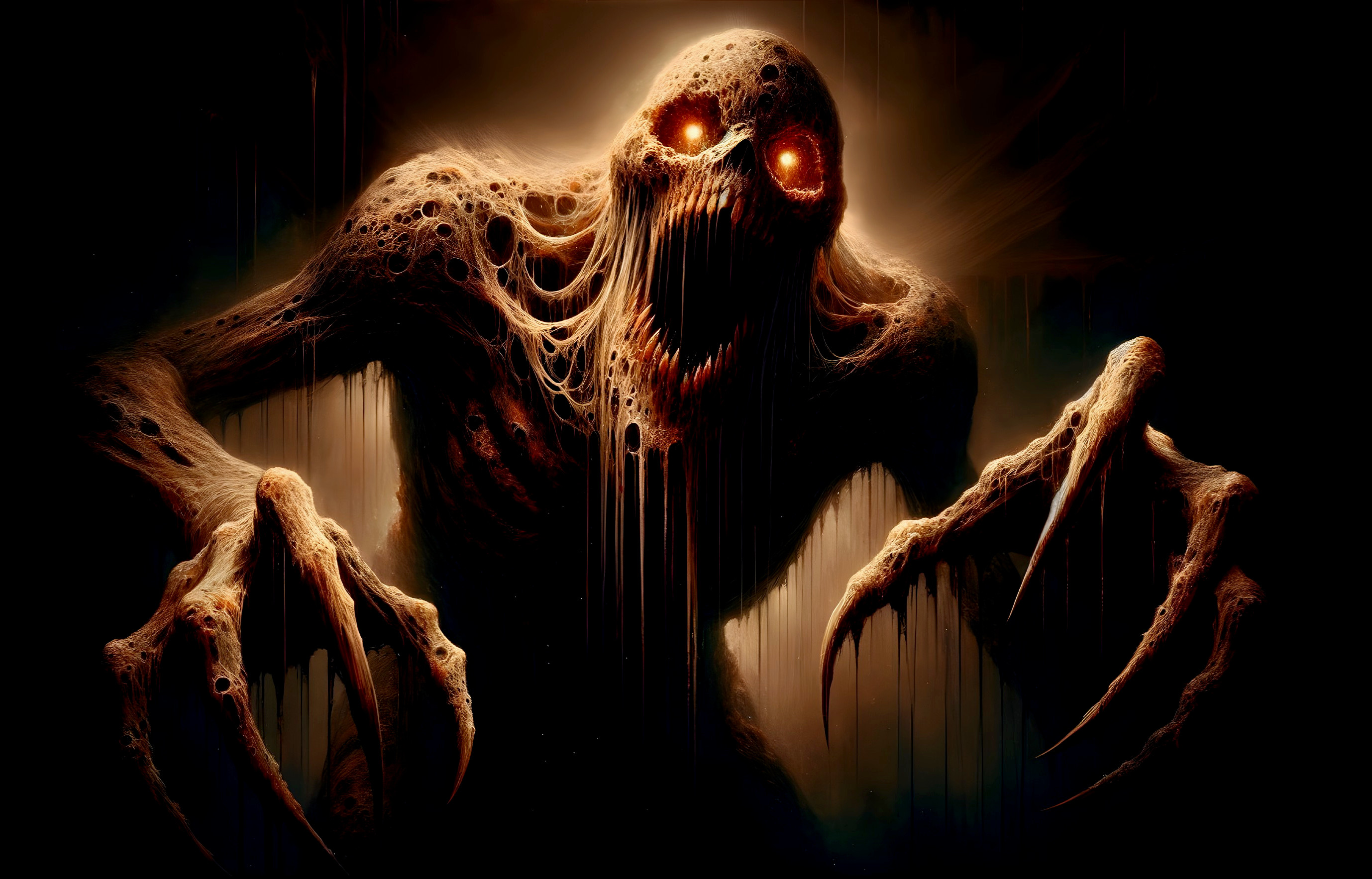 Grotesque Creature with Eerie Tendrils and Glowing Eyes