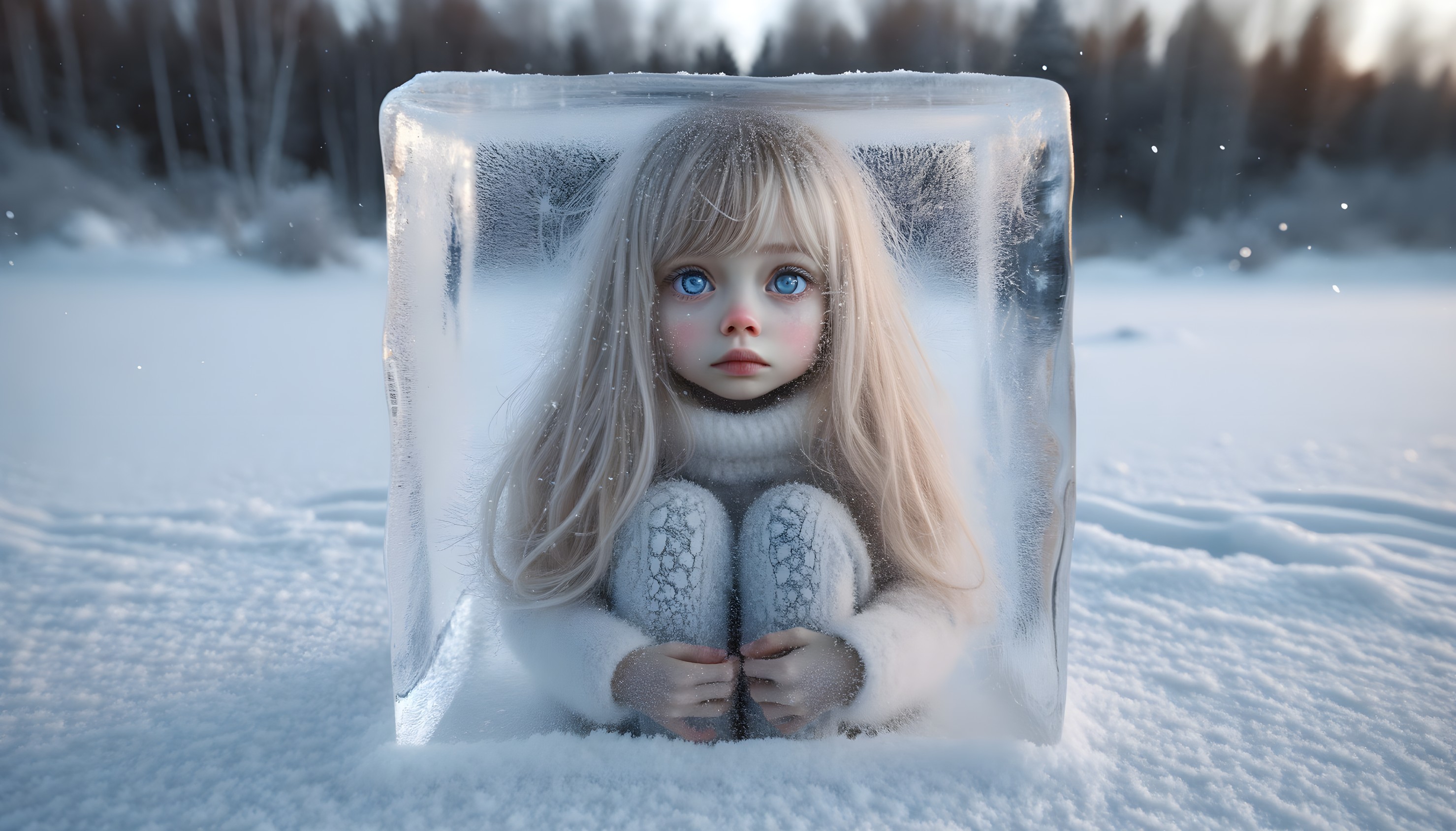 Porcelain doll frozen in clear ice on snowy backdrop
