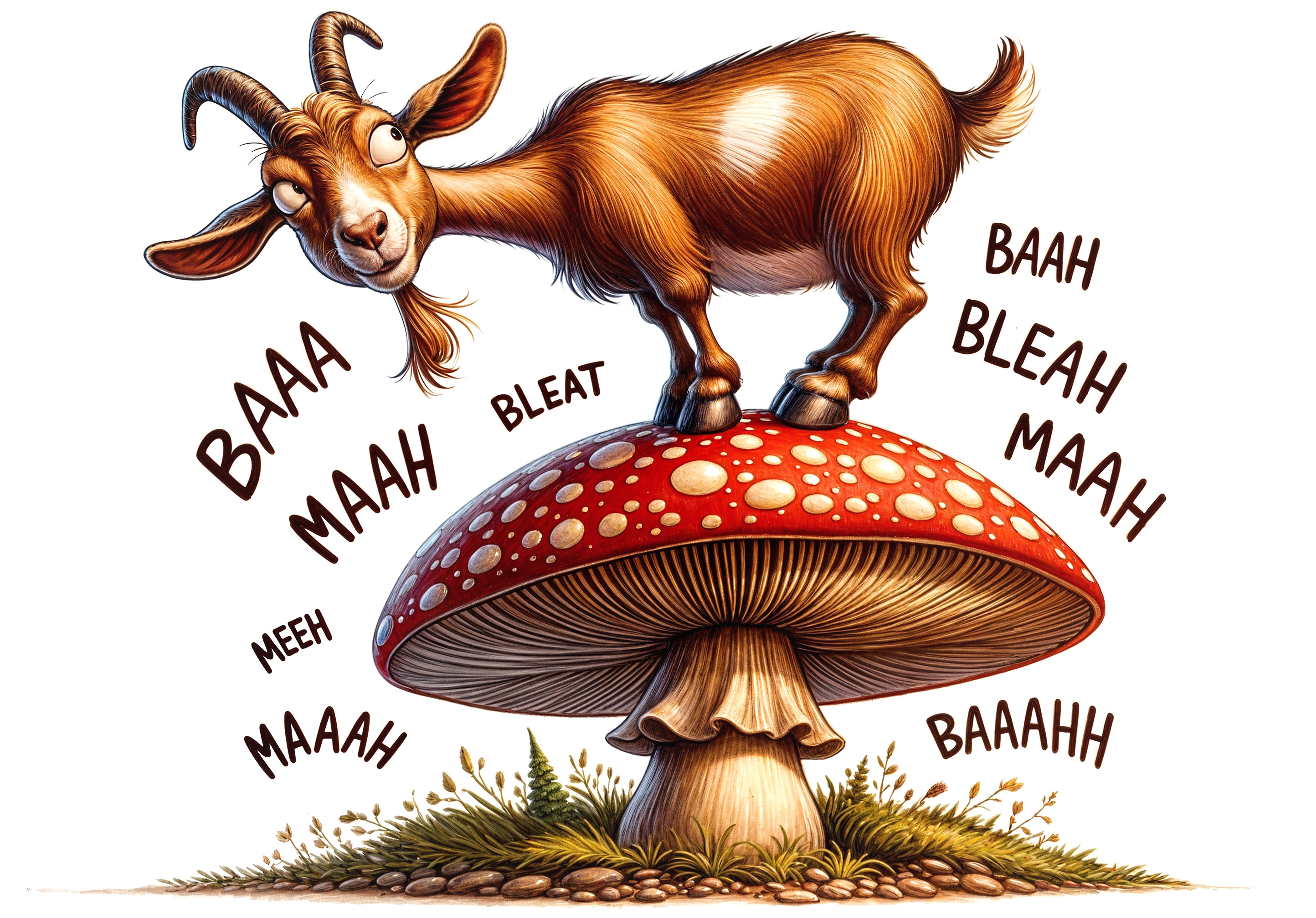 Playful Goat on Mushroom with Sound Words Illustration