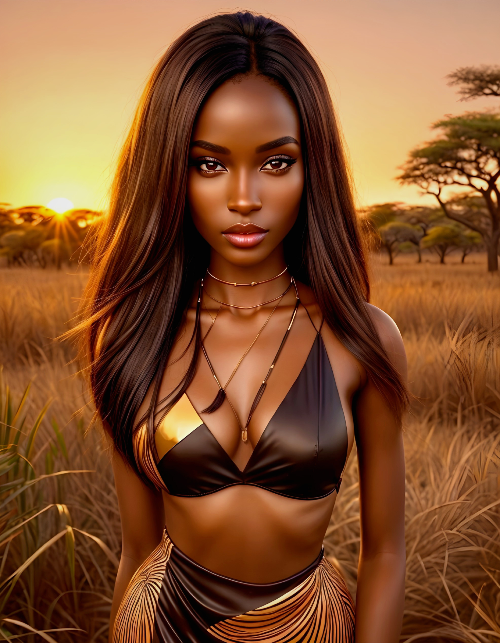 Woman in Dark Bikini on Golden Savanna at Sunset