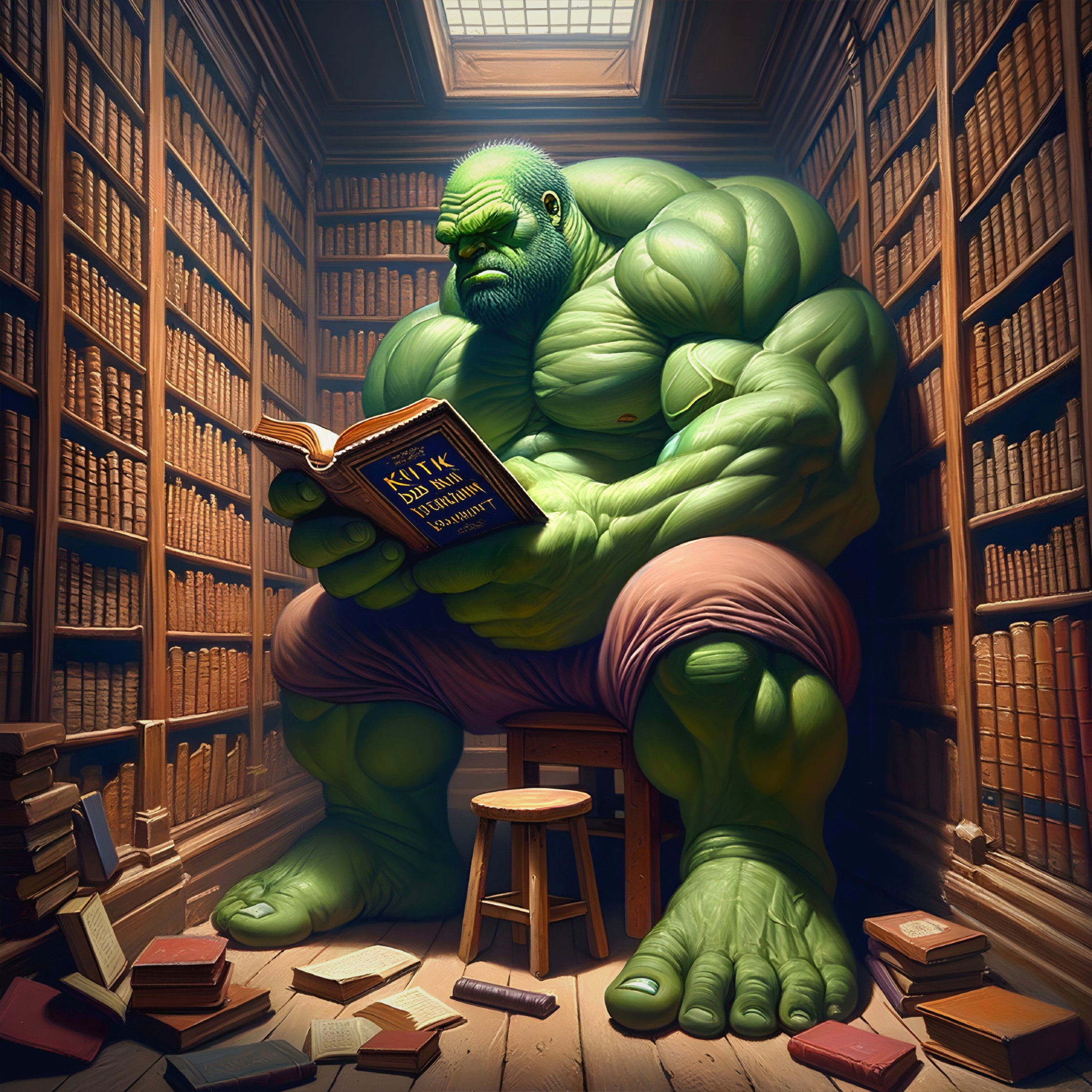 Muscular Green Figure Reading in Cozy Library Setting