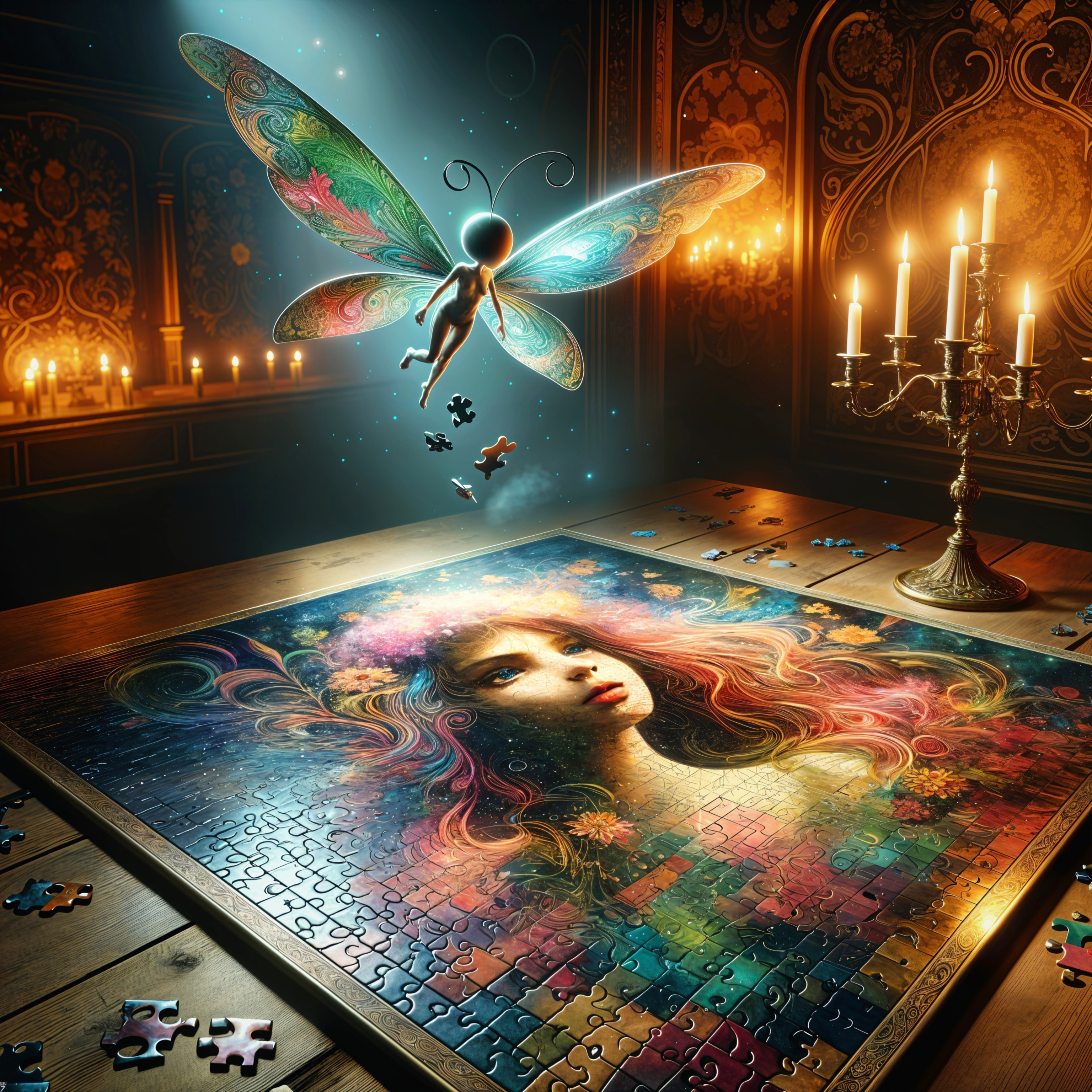 Whimsical Fairy and Jigsaw Puzzle in Dim Room