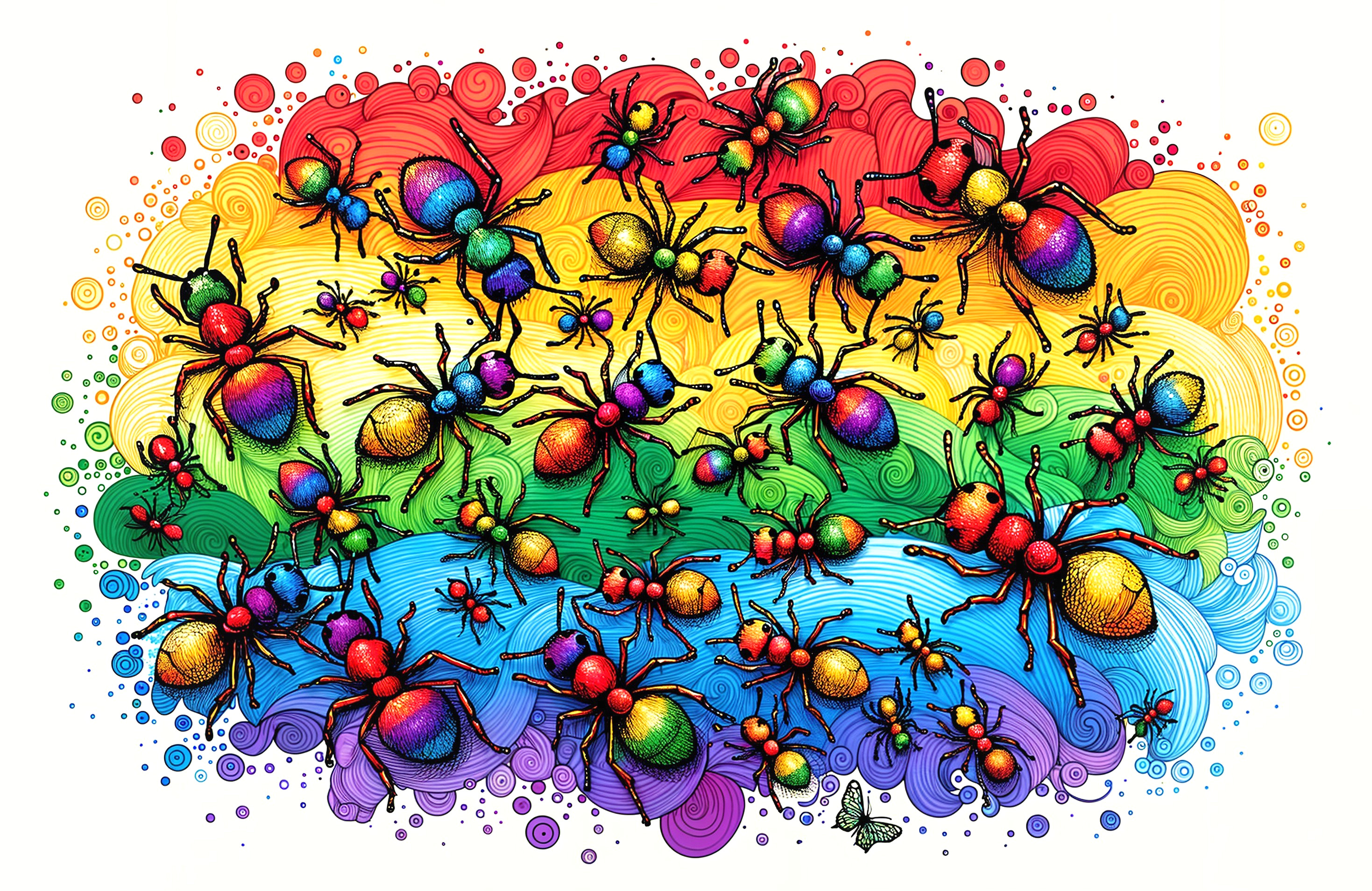 Colorful Ants on Rainbow Background with Abstract Patterns