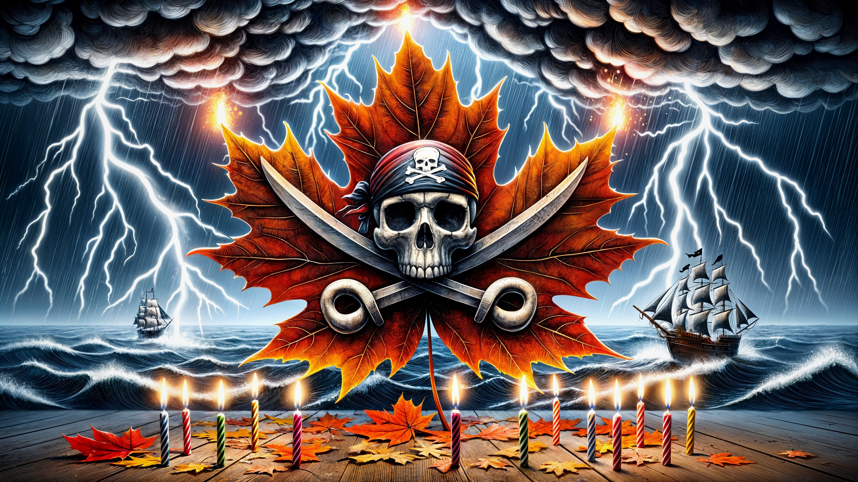 Pirate Skull with Crossed Swords and Autumn Elements