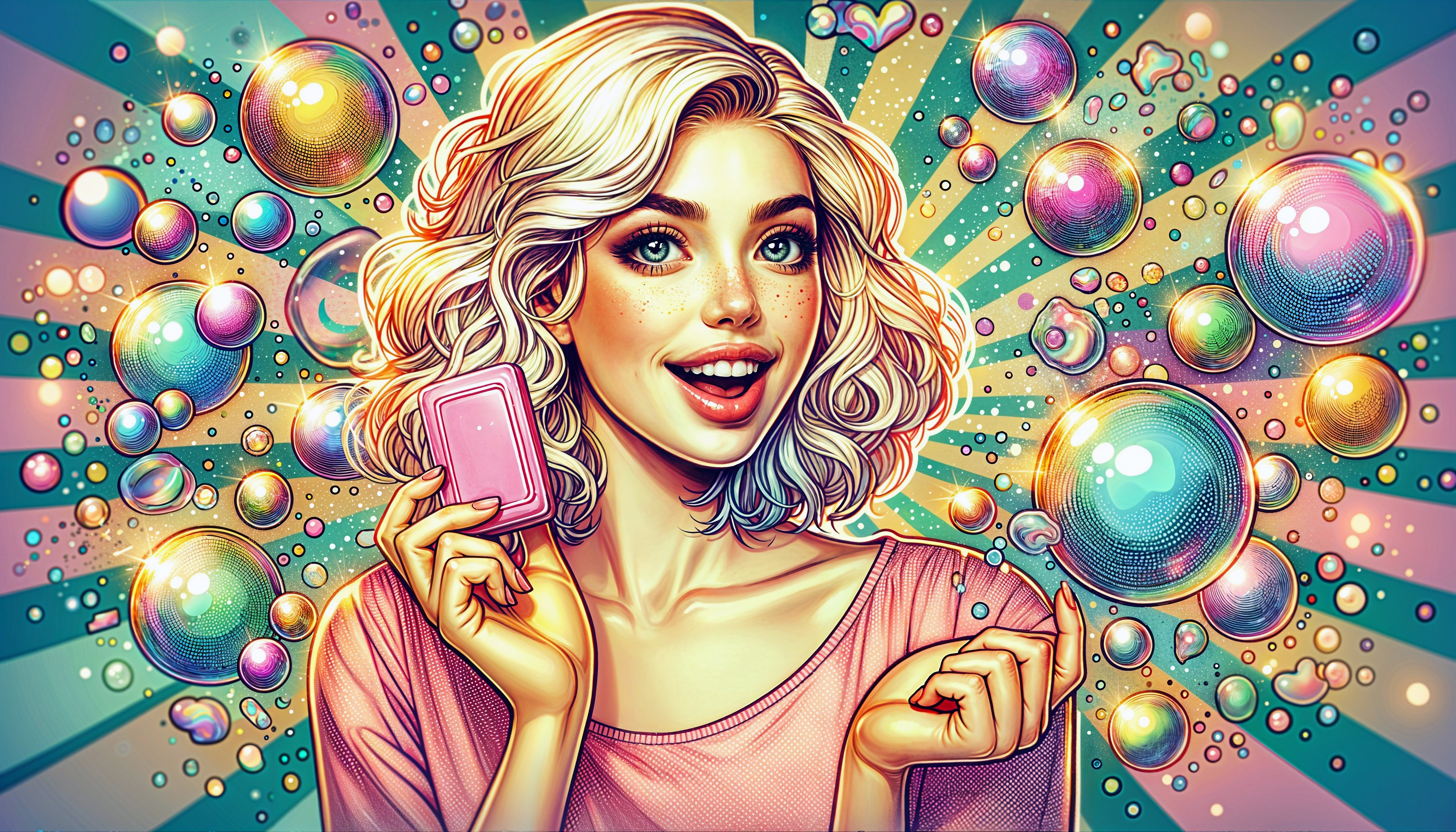 Young Woman with Soap Bar and Colorful Bubbles