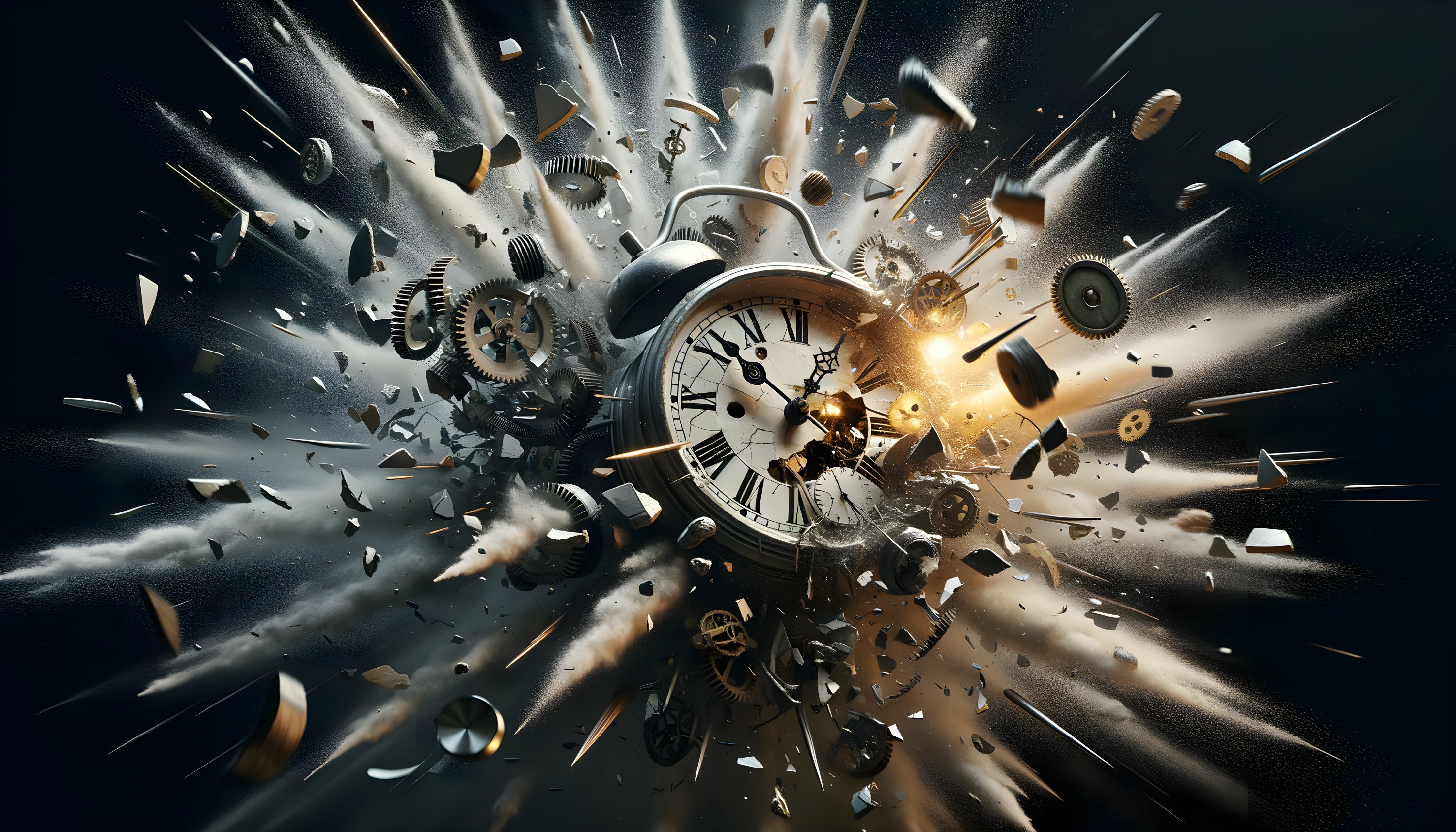 Clock parts and gears exploding in midair on dark background symbolizing time concept.