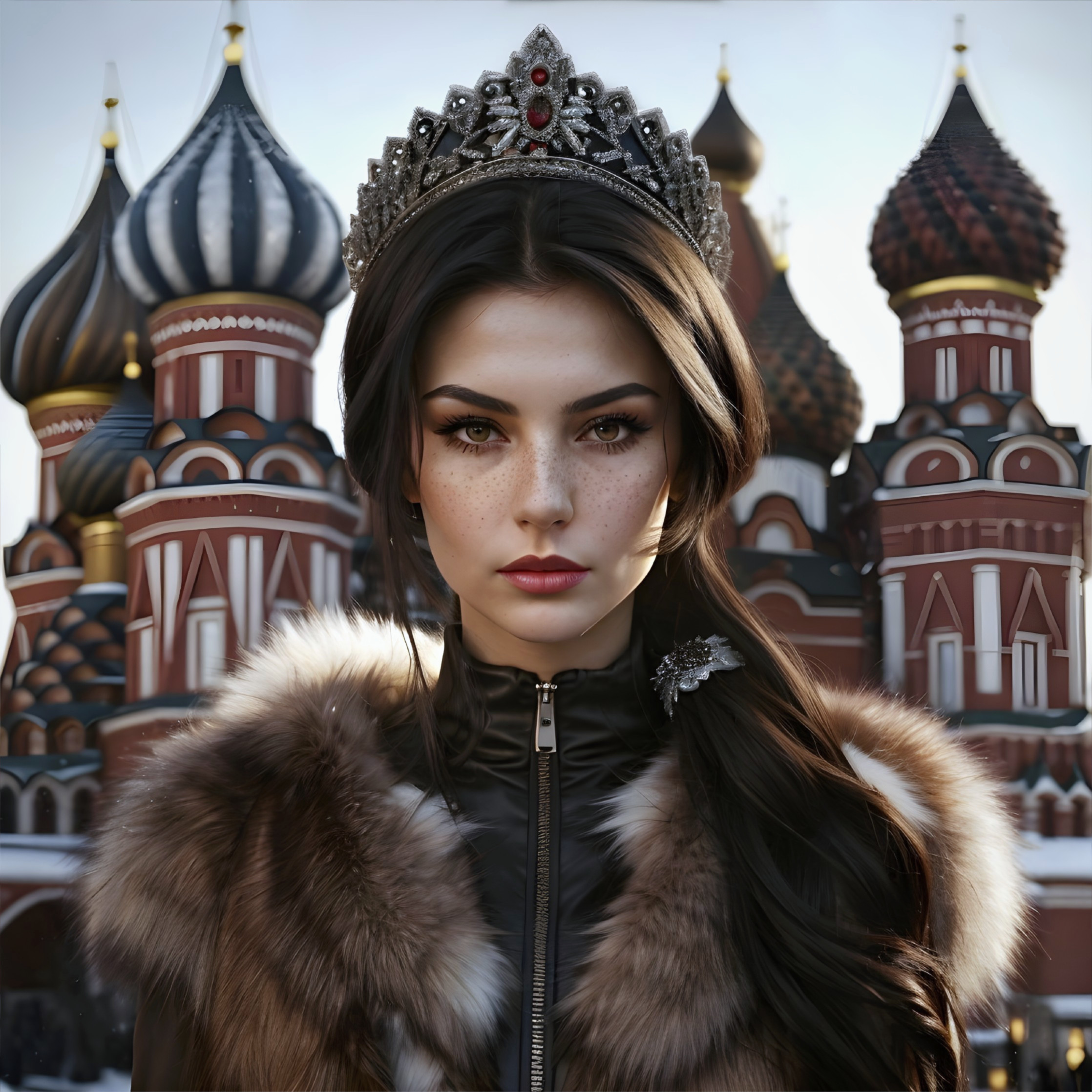 Regal woman in crown and fur coat against ornate cathedral domes