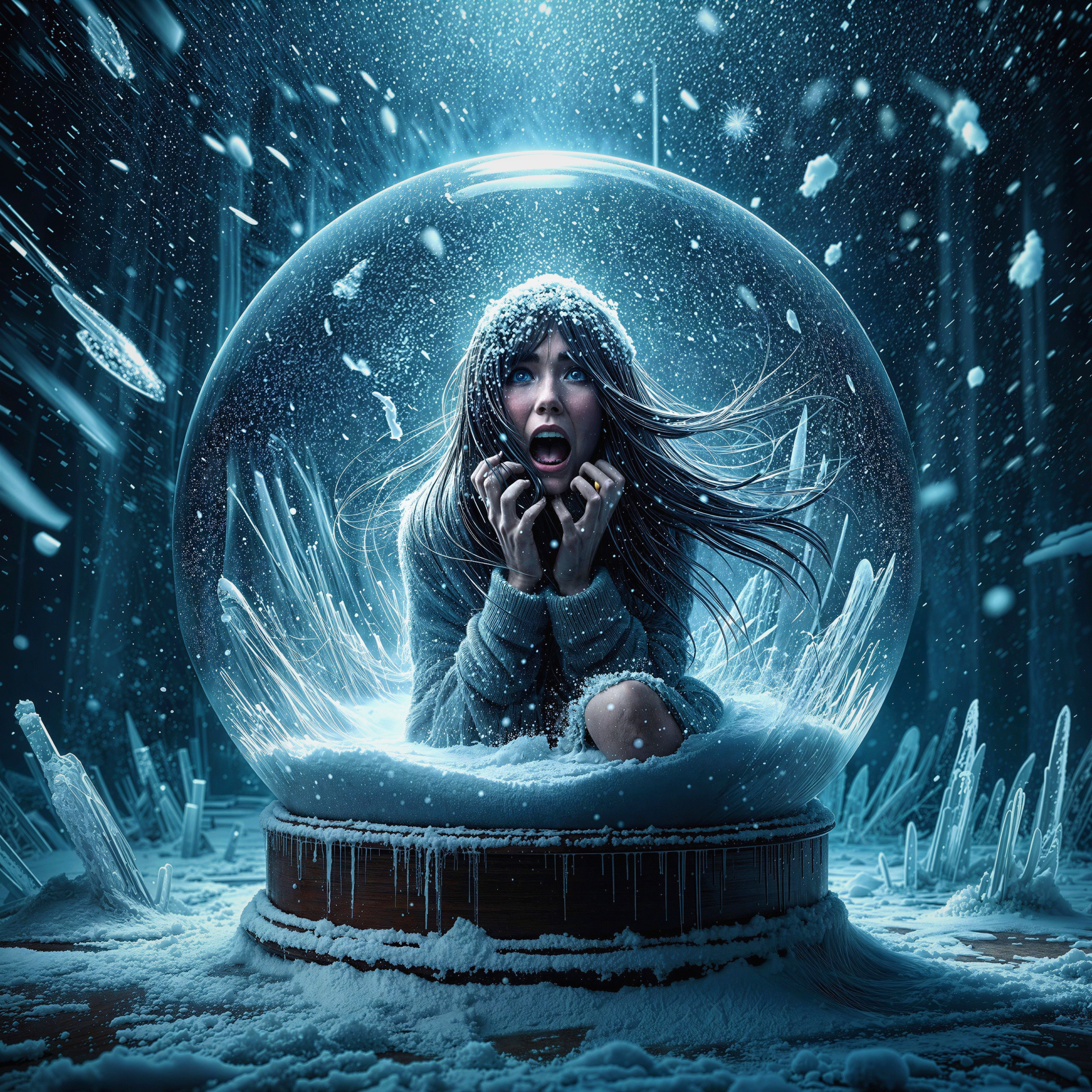 Young Woman Trapped in Snow Globe with Dark Landscape
