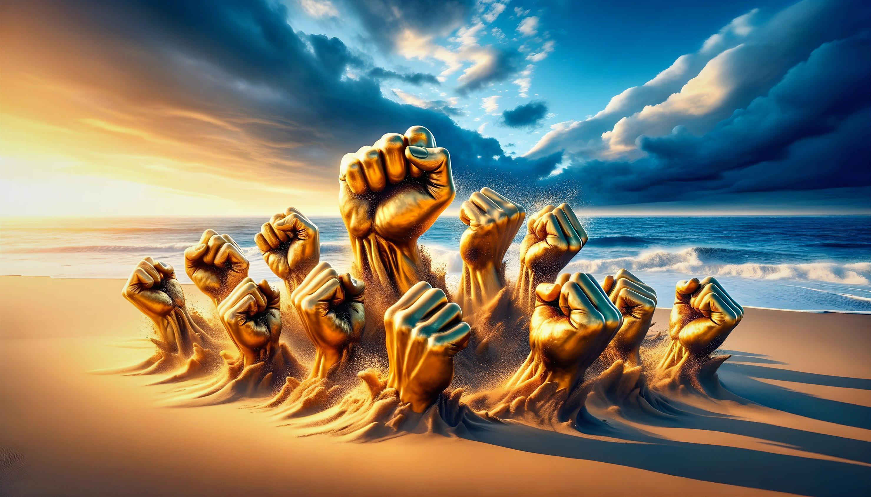 Dramatic Seascape at Sunset with Golden Fists