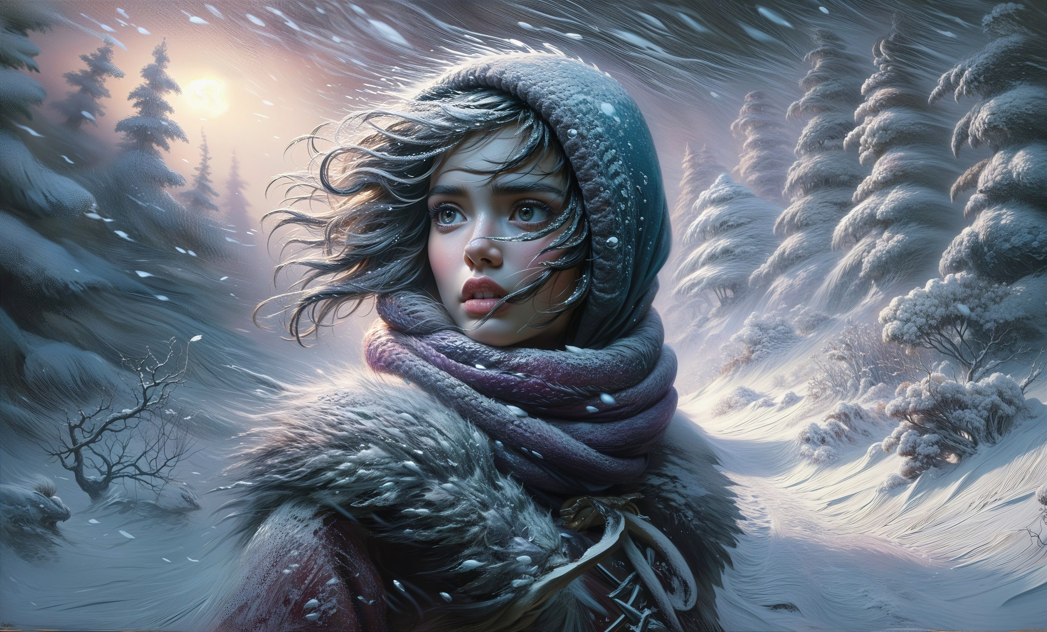 Young girl in snowy landscape with glowing moon