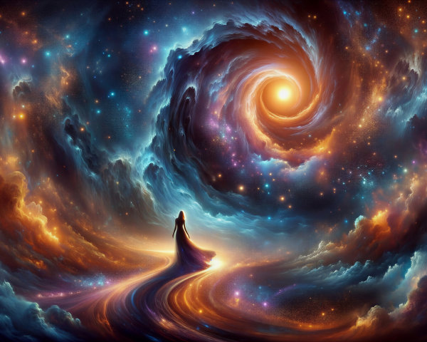 Swirling Galaxy and Mysterious Figure in Cosmic Scene