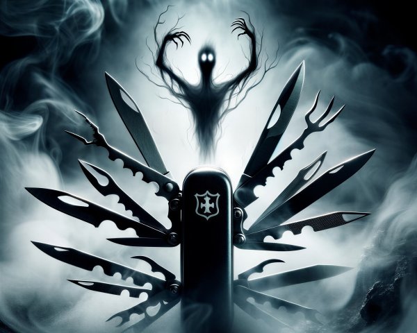 Black Swiss Army Knife with Shadowy Figure Background