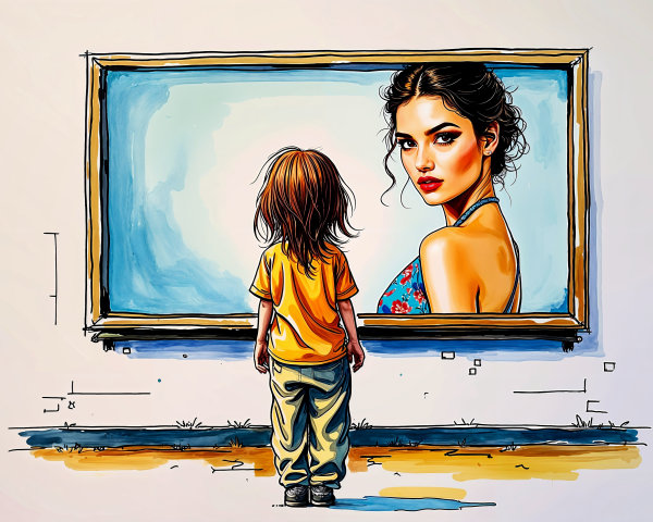 Child Observing Colorful Portrait of a Woman