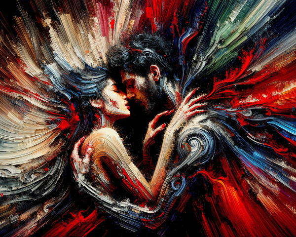 Intimate embrace of two figures with vibrant colors