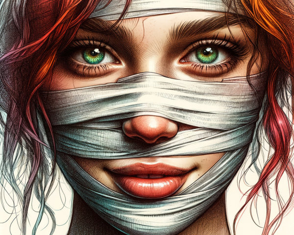 Close-up of a Young Woman's Face with Bandages