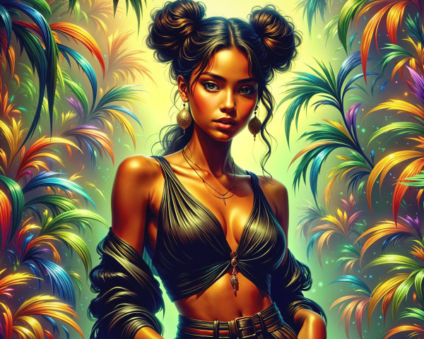 Young woman in tropical setting with vibrant foliage