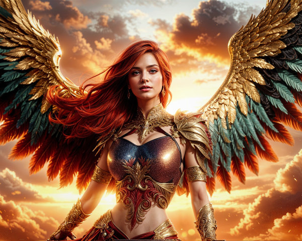 Warrior with Golden Wings Against Dramatic Sunset
