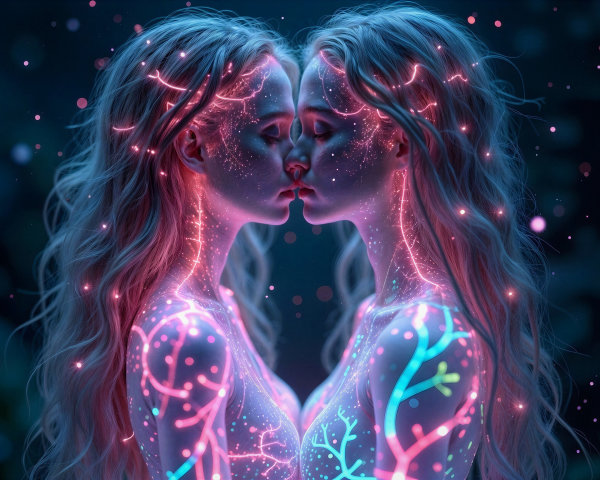 Ethereal Figures with Glowing Patterns and Mystical Aura