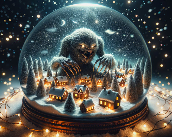 Cinematic Christmas Snow Globe with Creepy Monster